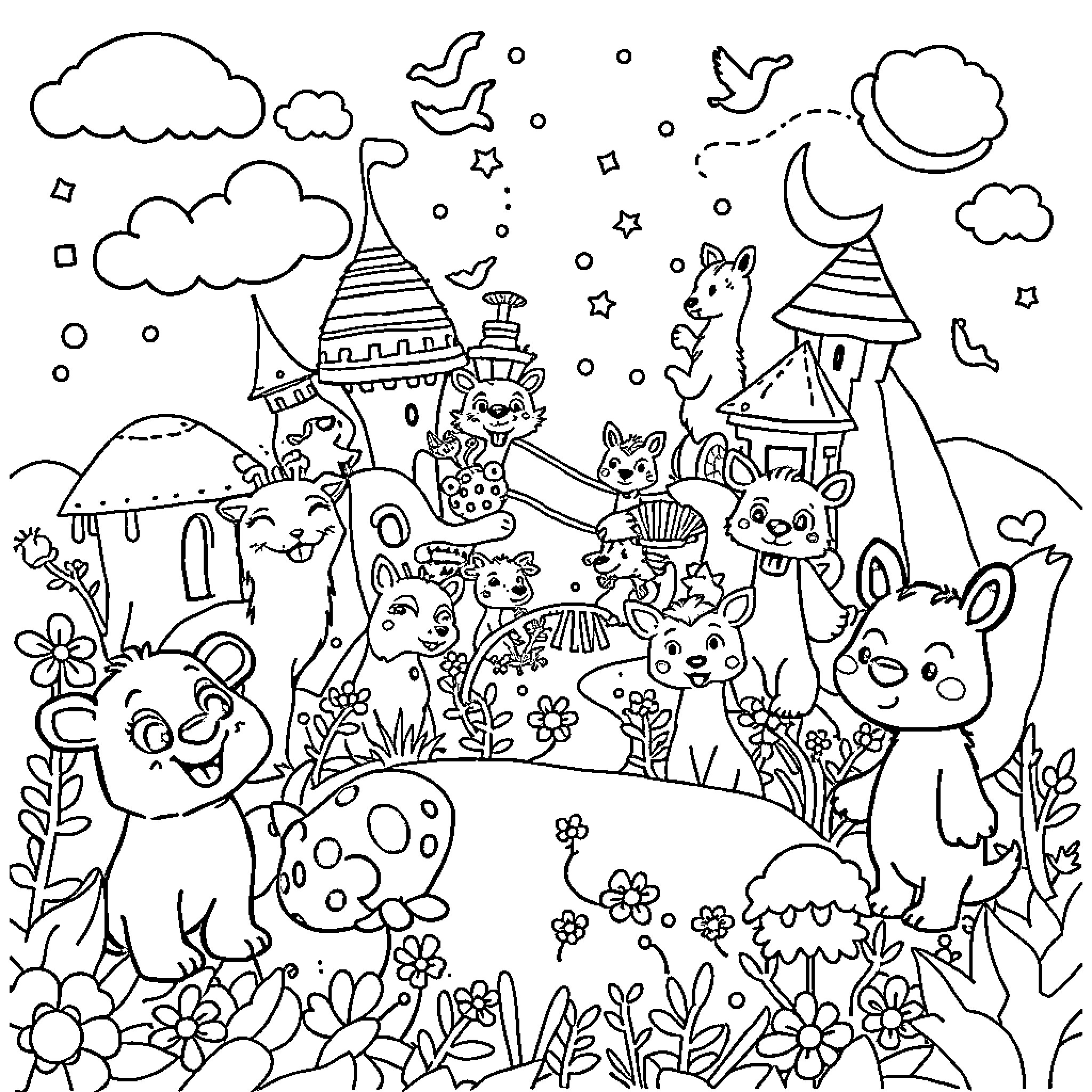 Skzoo animal friends in a magical garden Coloring Page (free black-and-white line drawing printable PDF for all, from beginners to advanced learners, including children, teens, adults, and seniors)