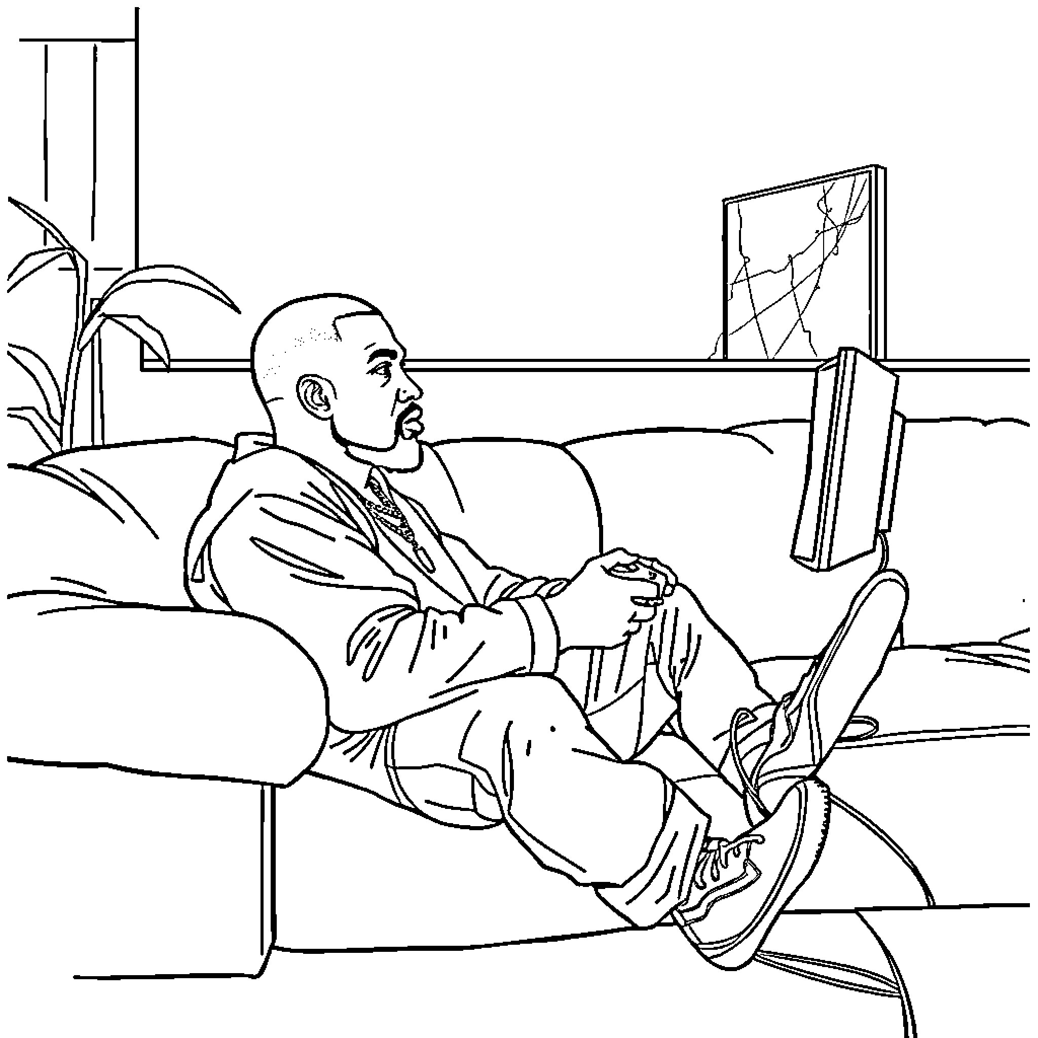 Kanye seated in pensive contemplation Coloring Page (free black-and-white line drawing printable PDF for all, from beginners to advanced learners, including children, teens, adults, and seniors)