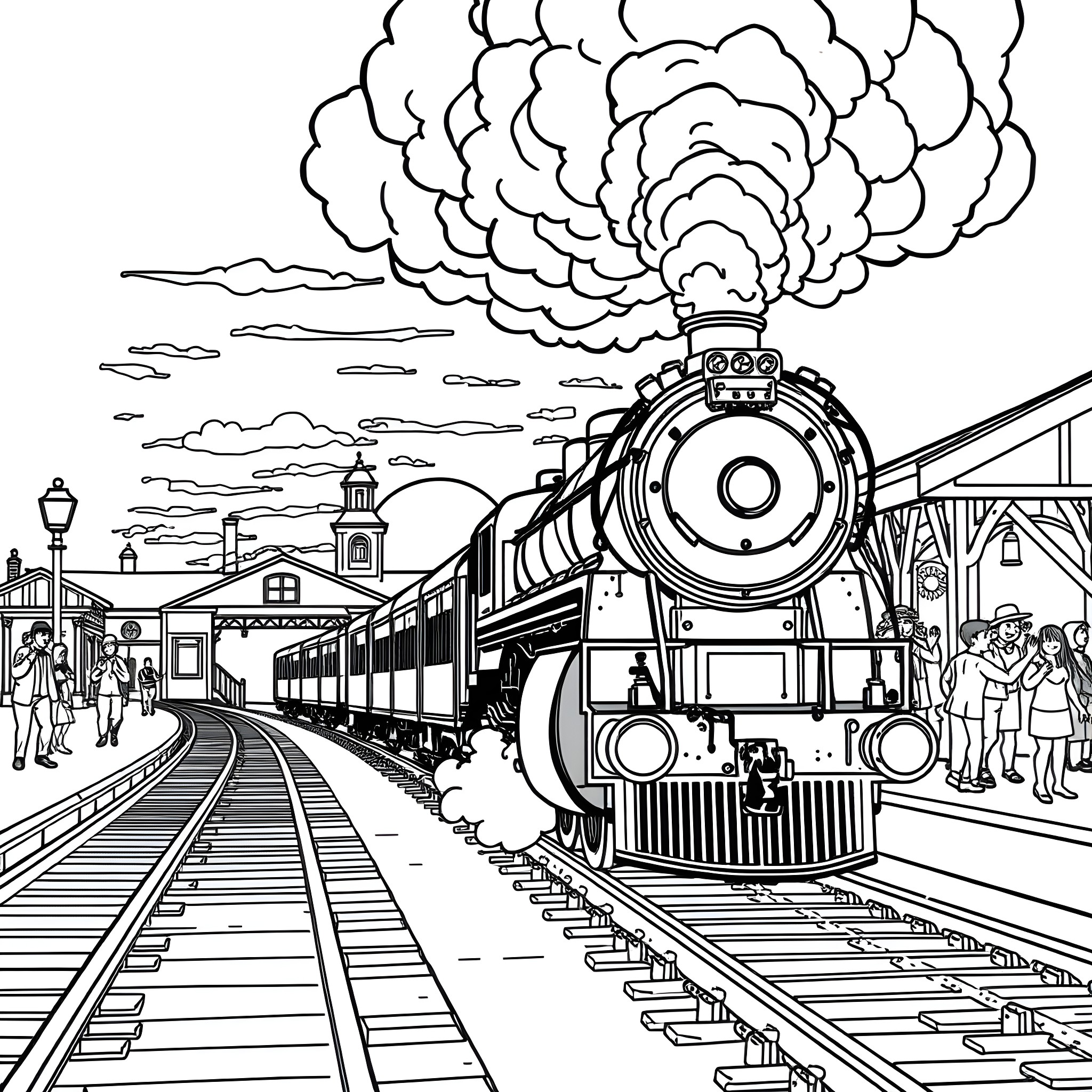 Train Arriving at the Historic Station Coloring Page (free black-and-white line drawing printable PDF for all, from beginners to advanced learners, including children, teens, adults, and seniors)