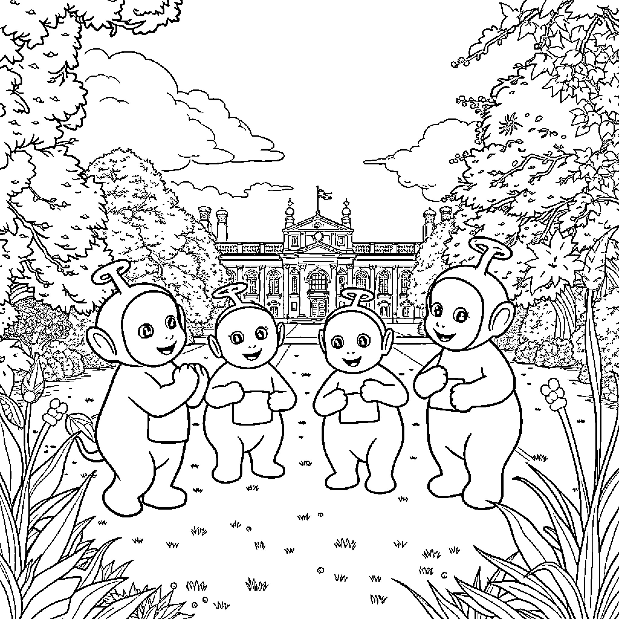Teletubbies enjoying a day out at the park Coloring Page (free black-and-white line drawing printable PDF for all, from beginners to advanced learners, including children, teens, adults, and seniors)