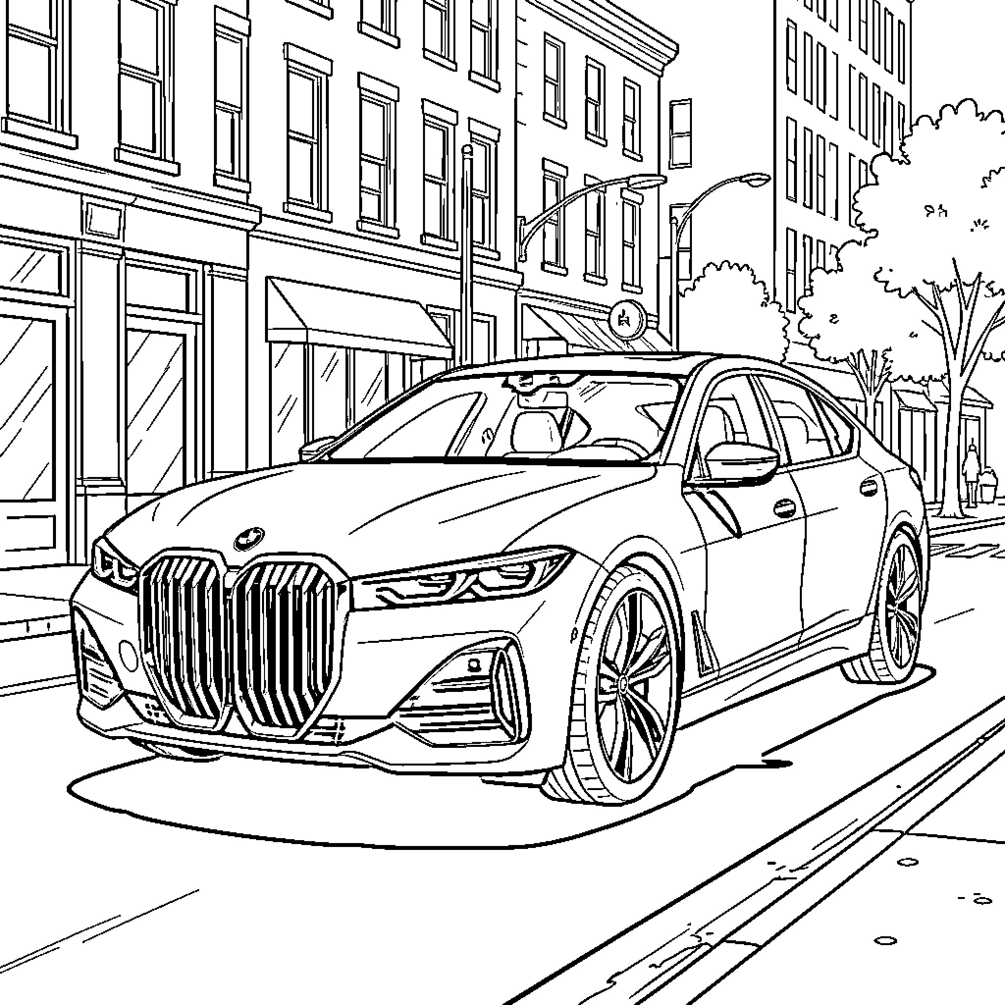 BMW i7 luxury car parked on urban street Coloring Page (free black-and-white line drawing printable PDF for all, from beginners to advanced learners, including children, teens, adults, and seniors)
