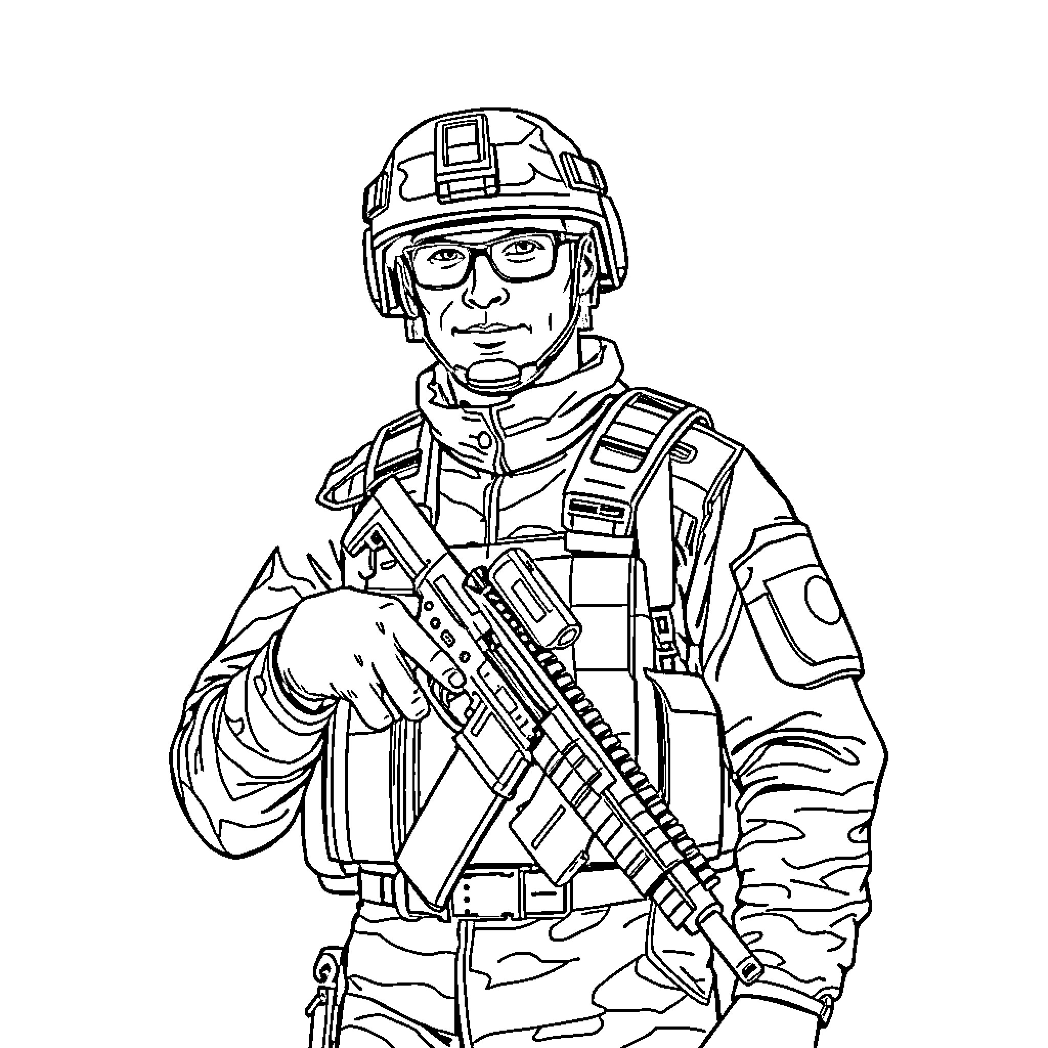 Army Man in Combat Gear Holding Weapon Coloring Page (free black-and-white line drawing printable PDF for all, from beginners to advanced learners, including children, teens, adults, and seniors)