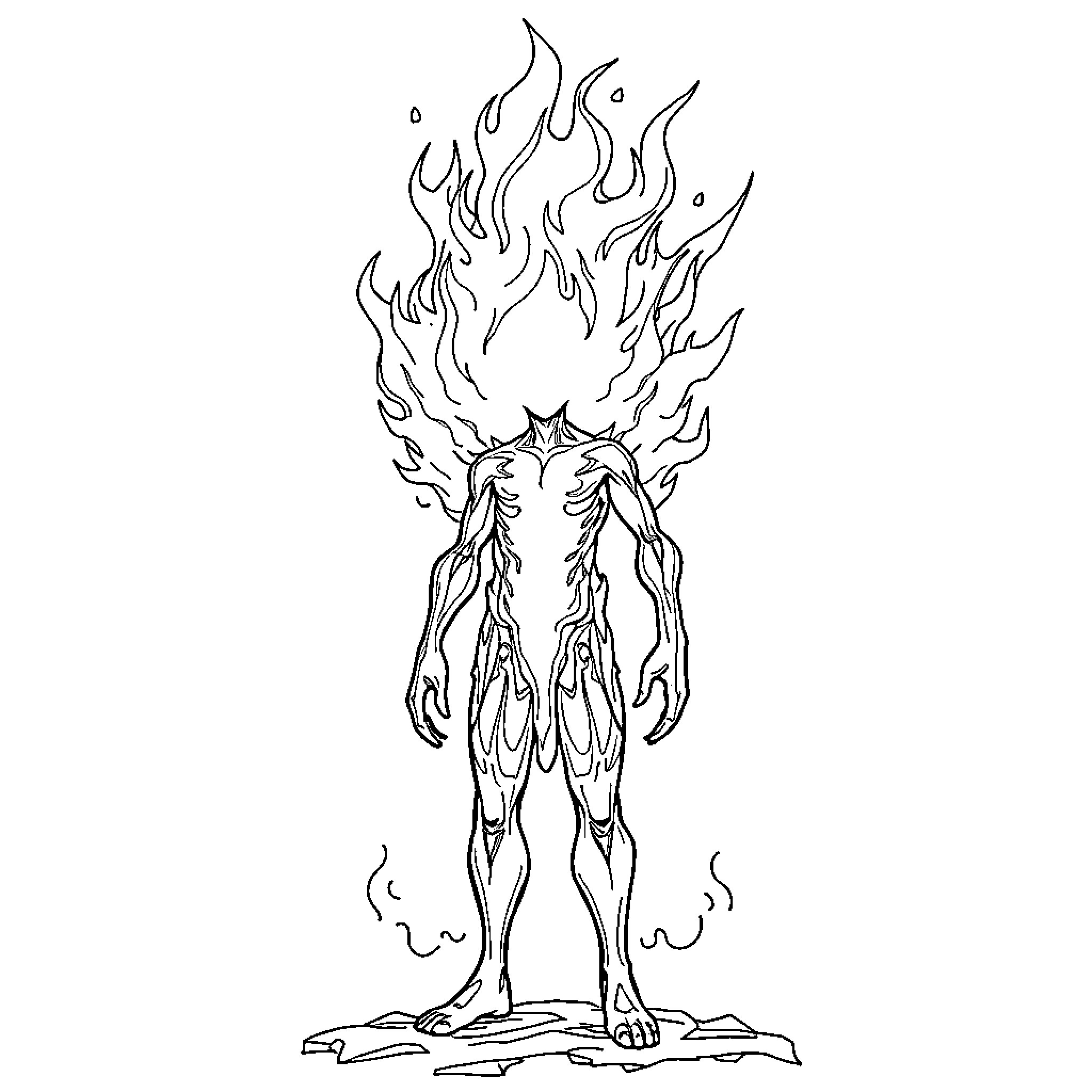 Humanoid Creature Engulfed in Flames Coloring Page (free black-and-white line drawing printable PDF for all, from beginners to advanced learners, including children, teens, adults, and seniors)