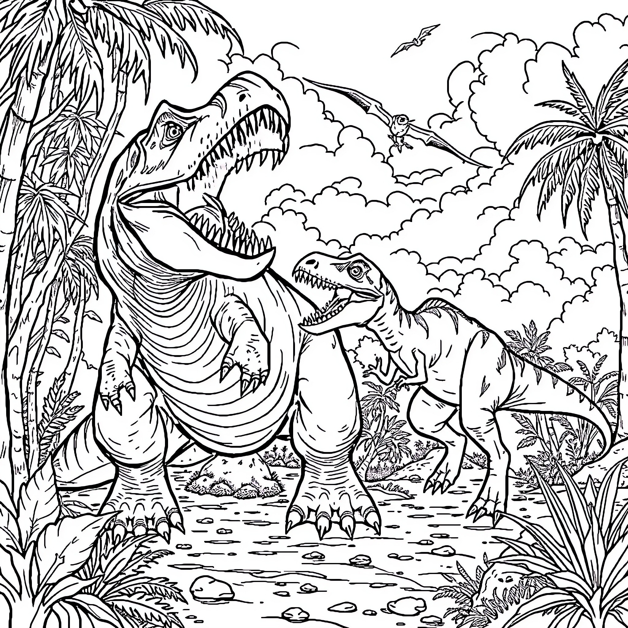 Mosasaure Dinosaurs Roaming in Tropical Landscape Coloring Page (free black-and-white line drawing printable PDF for all, from beginners to advanced learners, including children, teens, adults, and seniors)