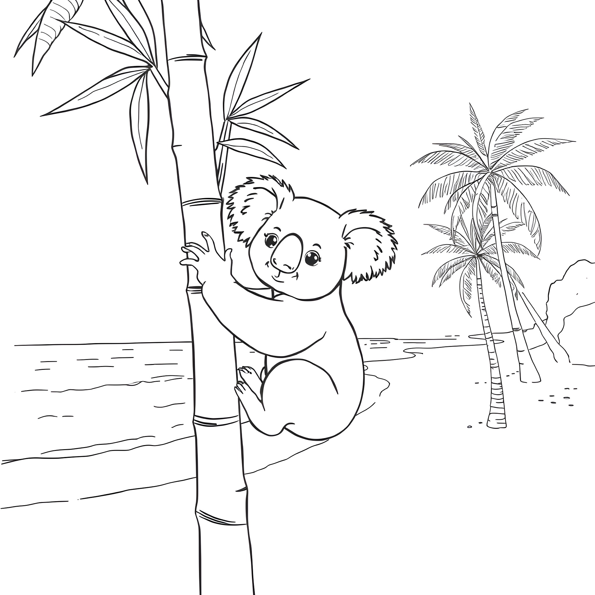 Koala resting on bamboo in tropical setting Coloring Page (free black-and-white line drawing printable PDF for all, from beginners to advanced learners, including children, teens, adults, and seniors)
