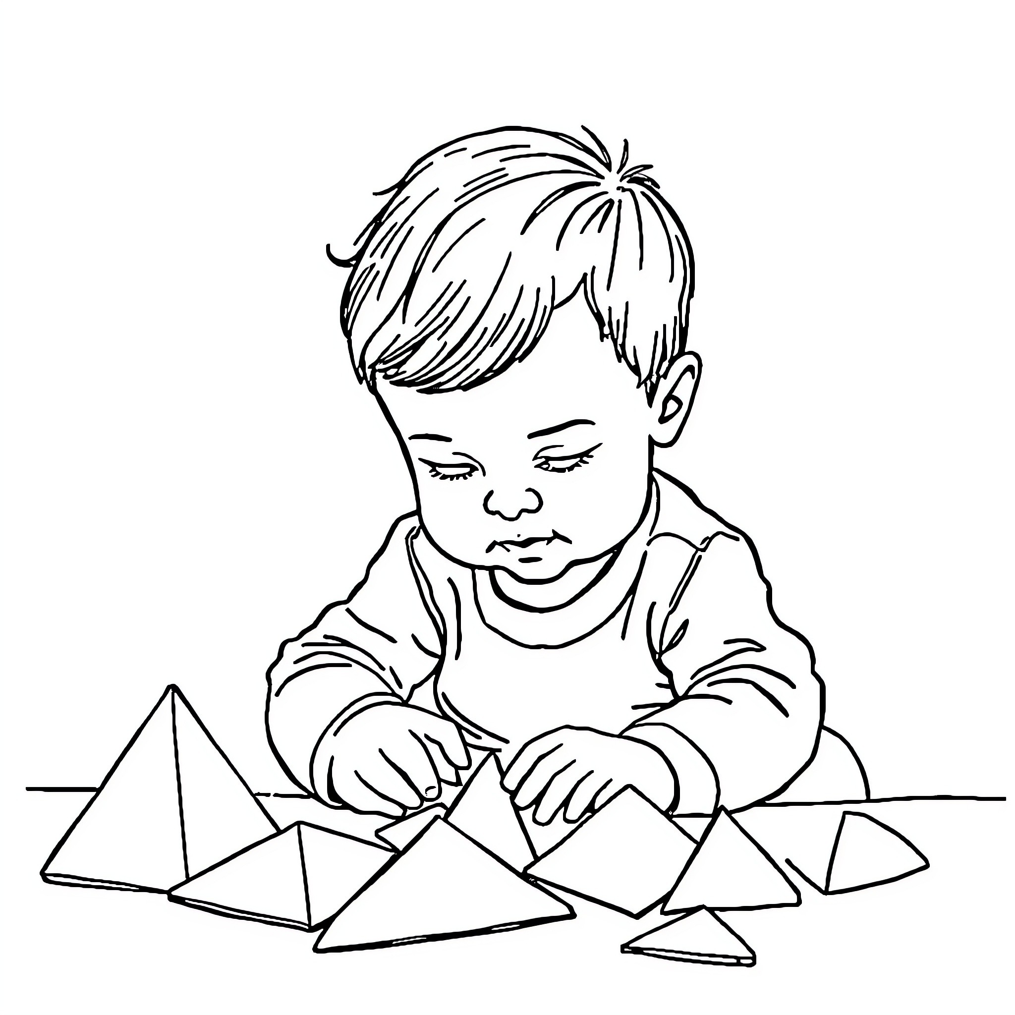 Toddler playing with geometric shapes Coloring Page (free black-and-white line drawing printable PDF for all, from beginners to advanced learners, including children, teens, adults, and seniors)