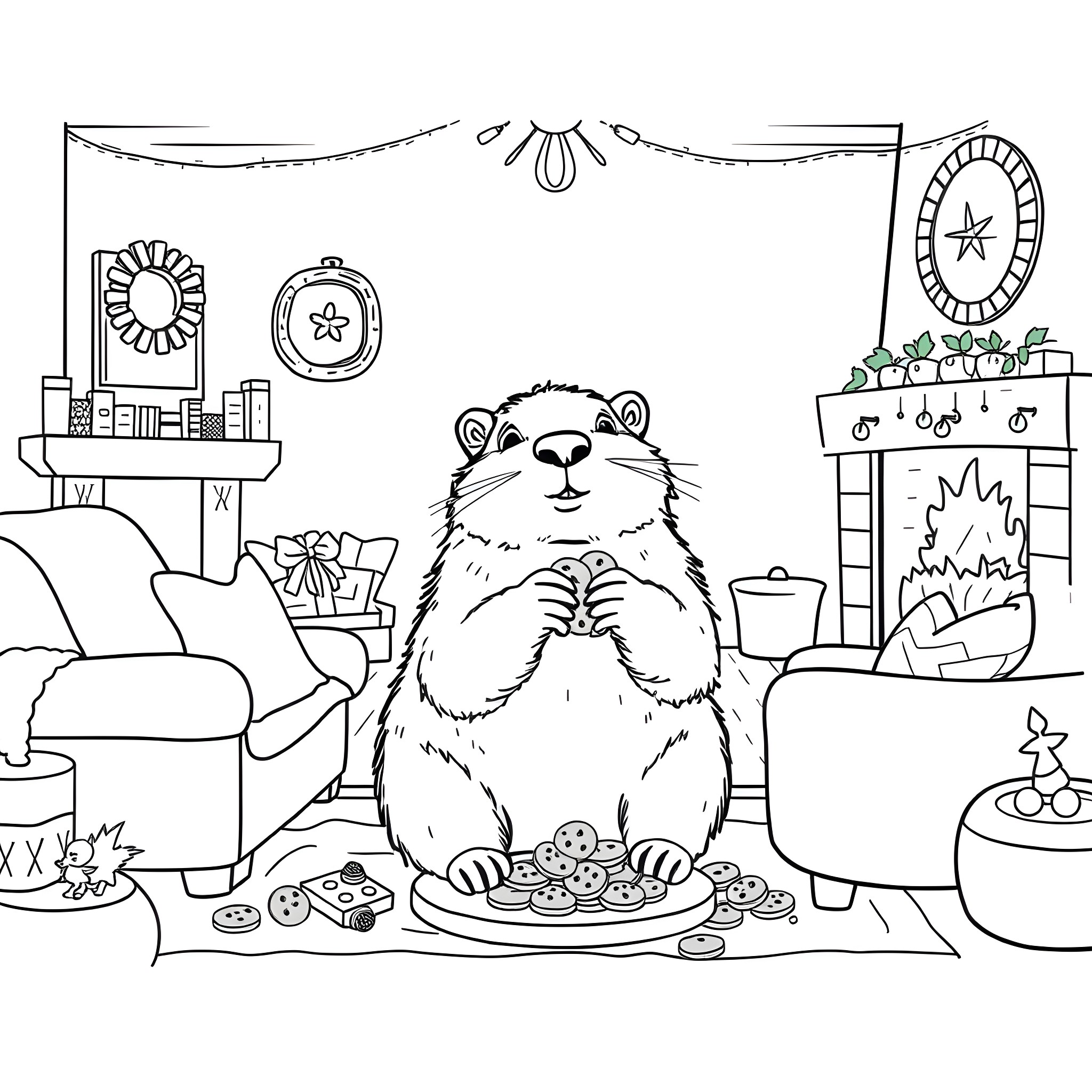 Marmot enjoying a cozy indoor gathering Coloring Page (free black-and-white line drawing printable PDF for all, from beginners to advanced learners, including children, teens, adults, and seniors)