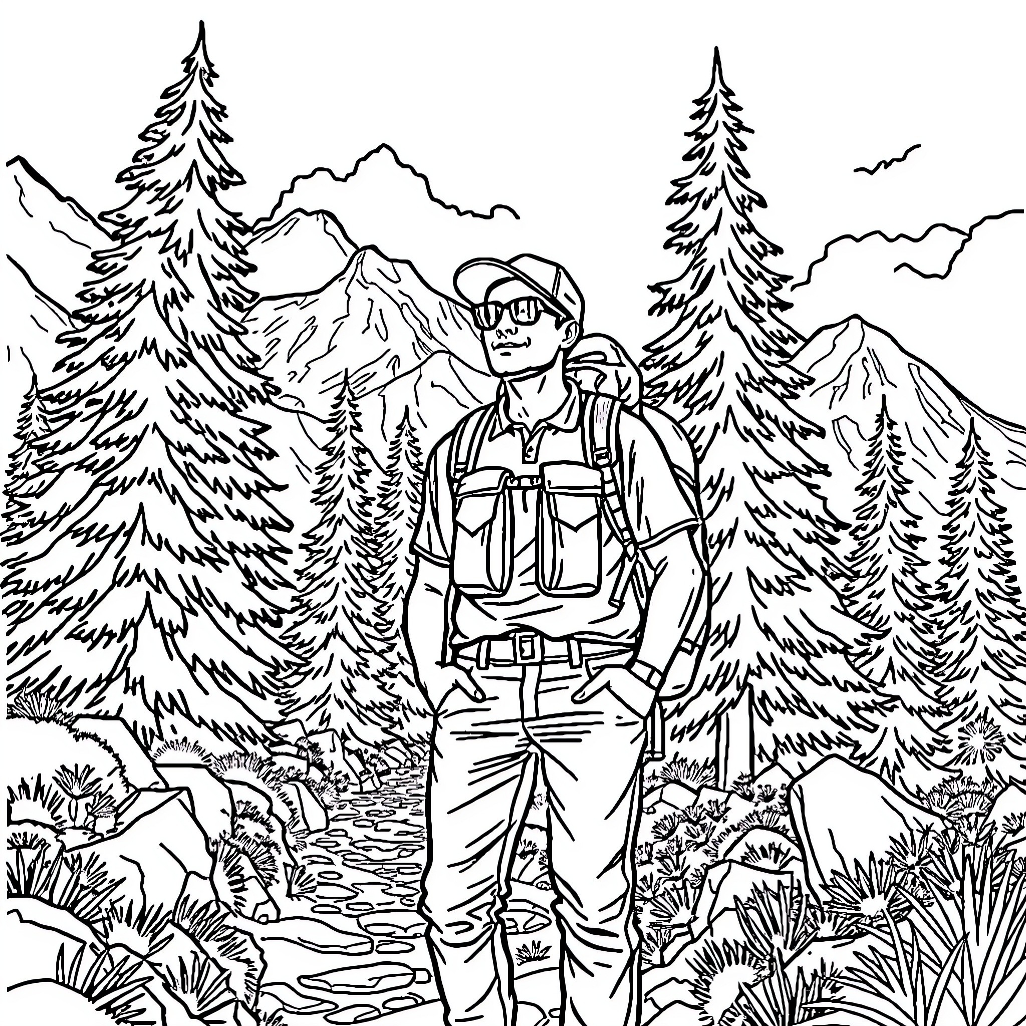 Hiker exploring serene mountain landscape Coloring Page (free black-and-white line drawing printable PDF for all, from beginners to advanced learners, including children, teens, adults, and seniors)