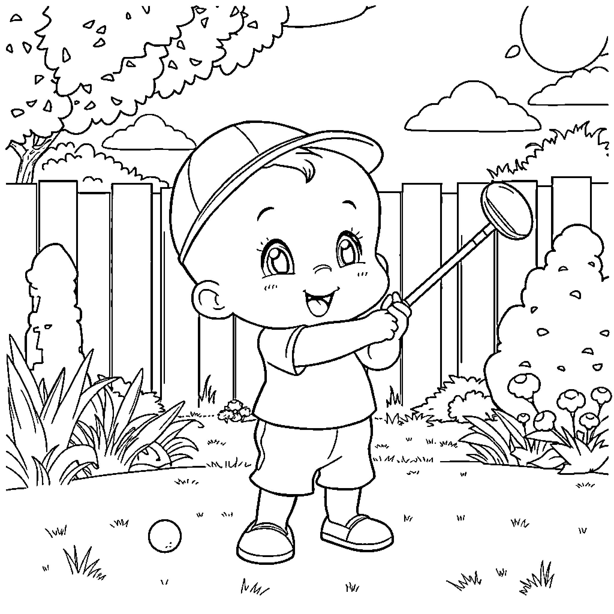 Stewie exploring a colorful outdoor scene Coloring Page (free black-and-white line drawing printable PDF for all, from beginners to advanced learners, including children, teens, adults, and seniors)