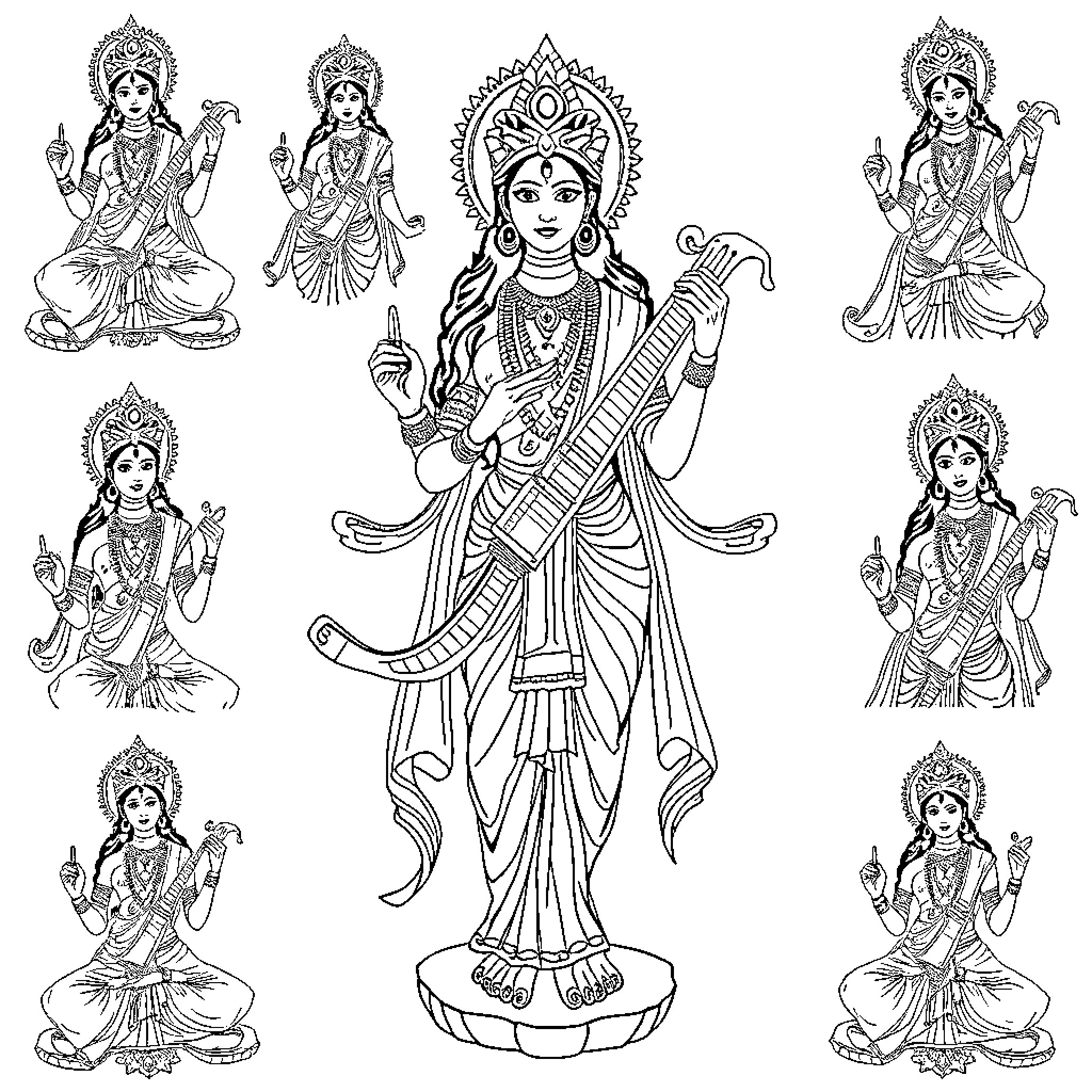 Goddess of Music and Art Depicted in Intricate Designs Coloring Page (free black-and-white line drawing printable PDF for all, from beginners to advanced learners, including children, teens, adults, and seniors)