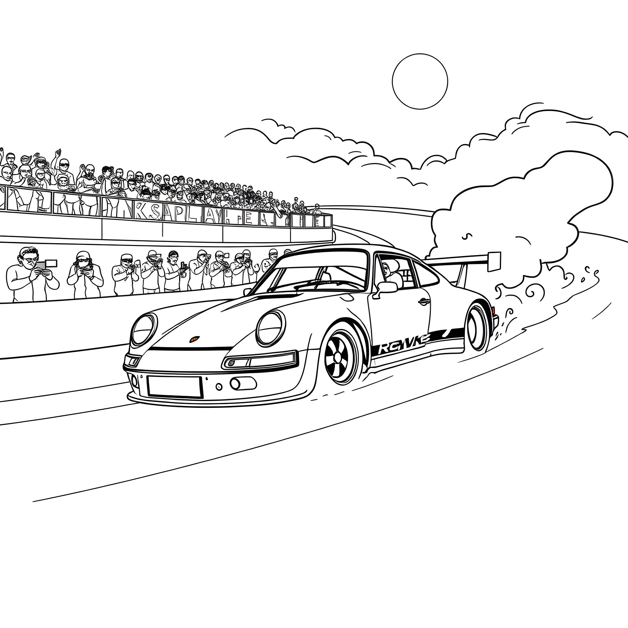 Porsche racing on the track with spectators Coloring Page (free black-and-white line drawing printable PDF for all, from beginners to advanced learners, including children, teens, adults, and seniors)