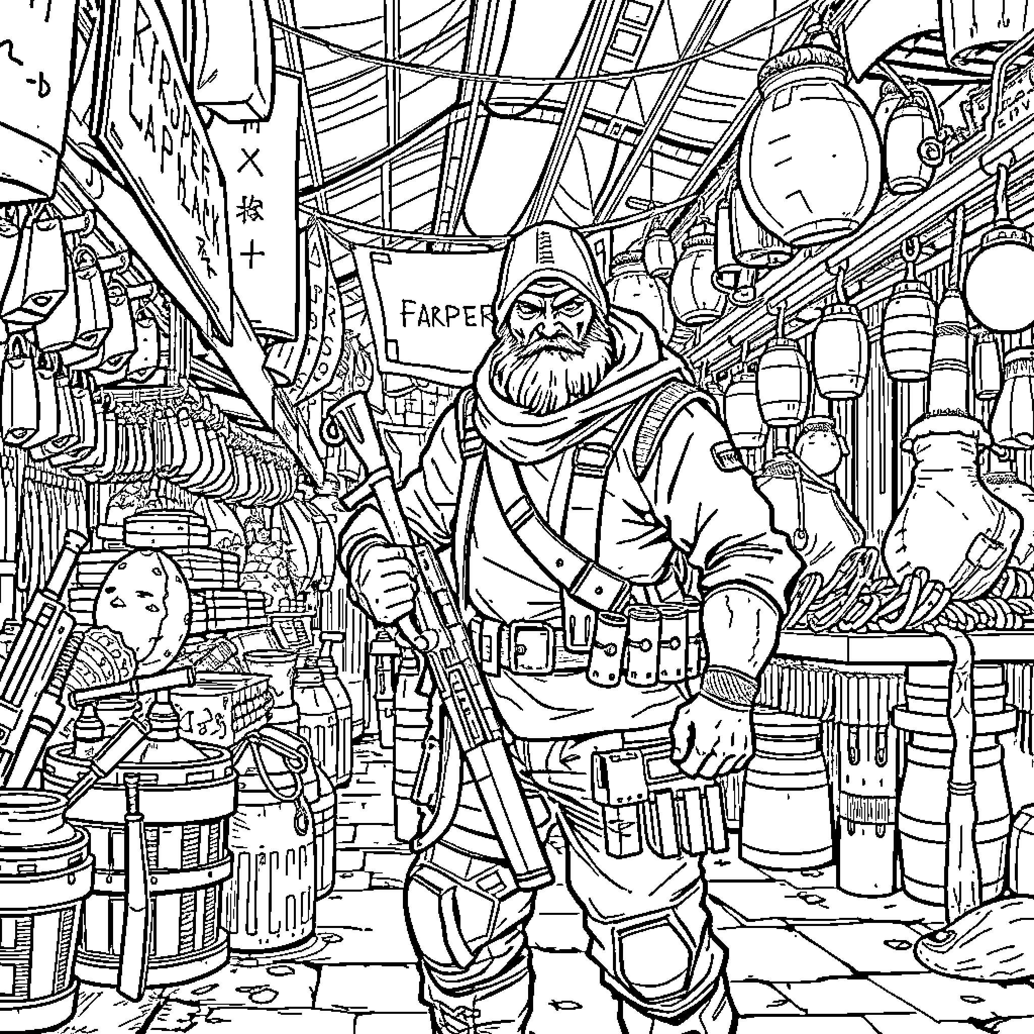 KILLA Warrior in a Bustling Mercantile Haven Coloring Page (free black-and-white line drawing printable PDF for all, from beginners to advanced learners, including children, teens, adults, and seniors)