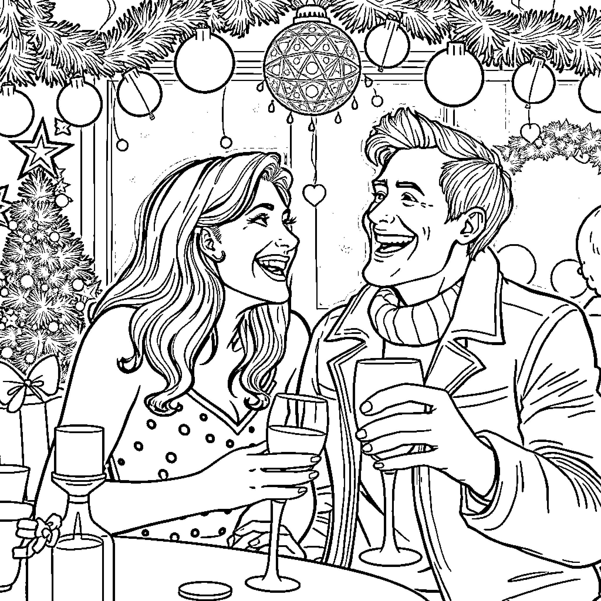 Jill Valentine and her companion sharing a festive evening Coloring Page (free black-and-white line drawing printable PDF for all, from beginners to advanced learners, including children, teens, adults, and seniors)