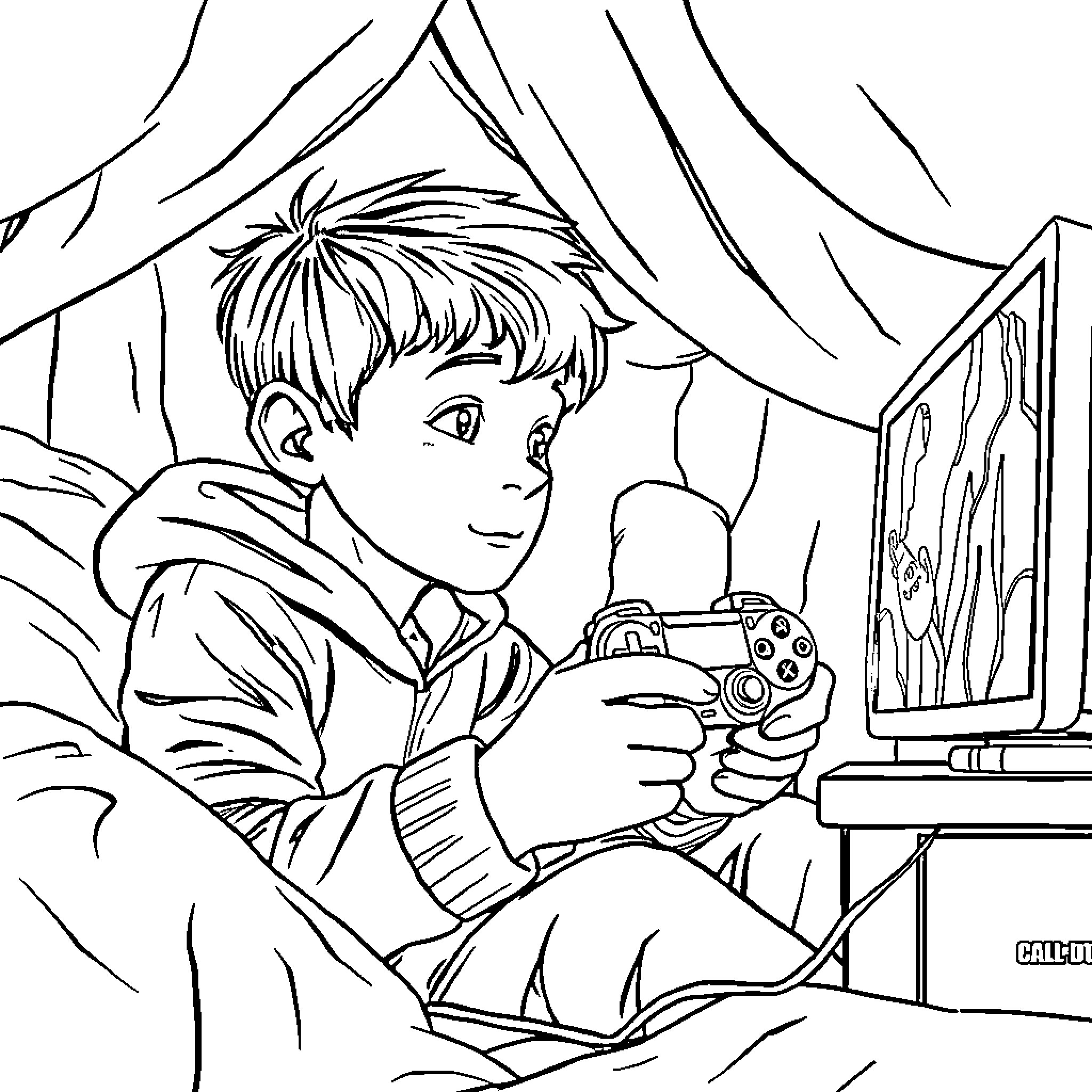 Niño playing video game at home Coloring Page (free black-and-white line drawing printable PDF for all, from beginners to advanced learners, including children, teens, adults, and seniors)