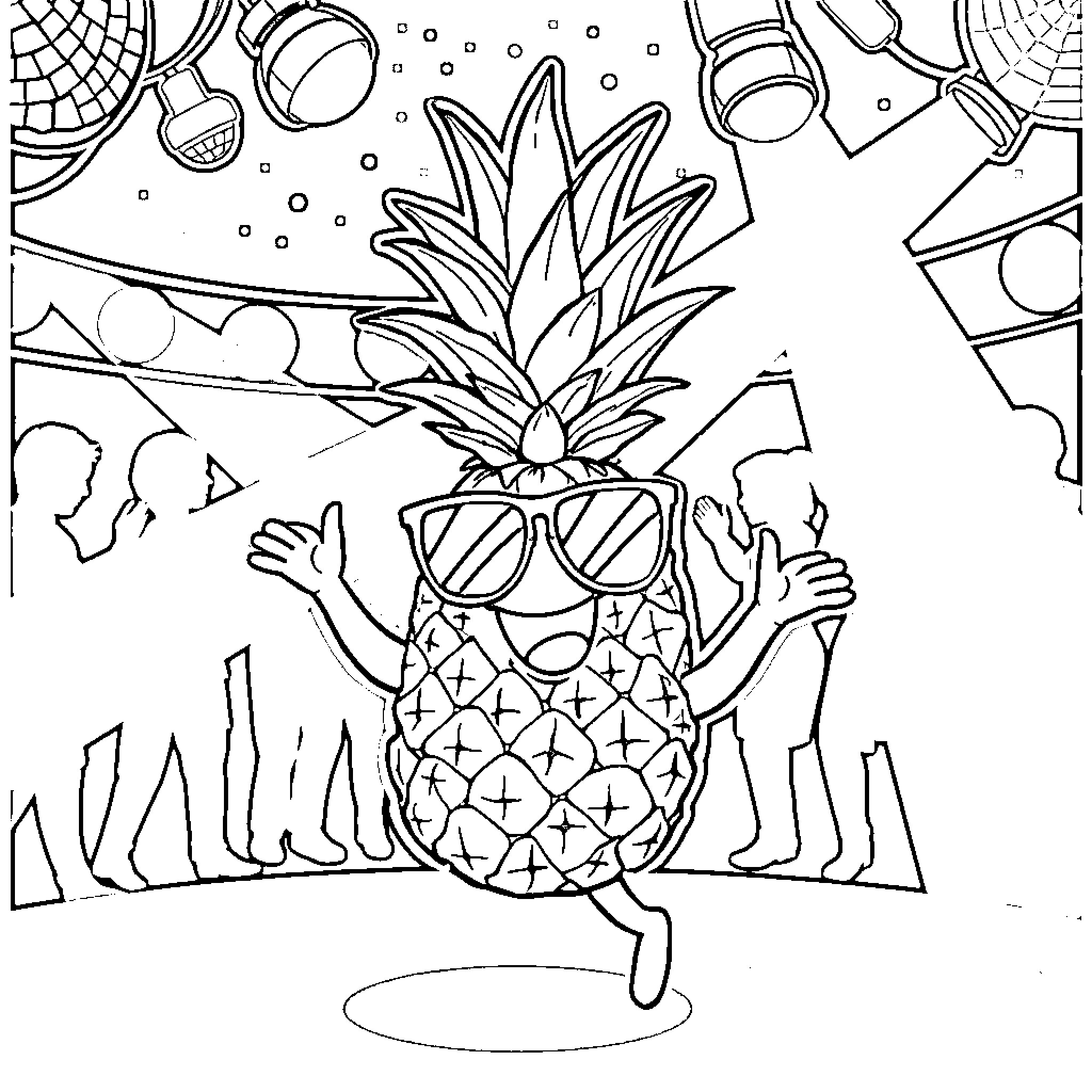 Pineapple enjoying a party with sunglasses Coloring Page (free black-and-white line drawing printable PDF for all, from beginners to advanced learners, including children, teens, adults, and seniors)