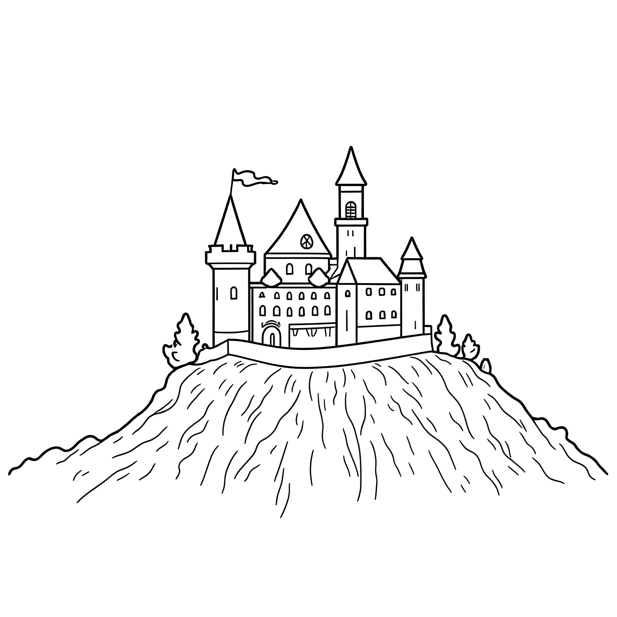 Castle Atop a Craggy Cliff Coloring Page (free black-and-white line drawing printable PDF for all, from beginners to advanced learners, including children, teens, adults, and seniors)