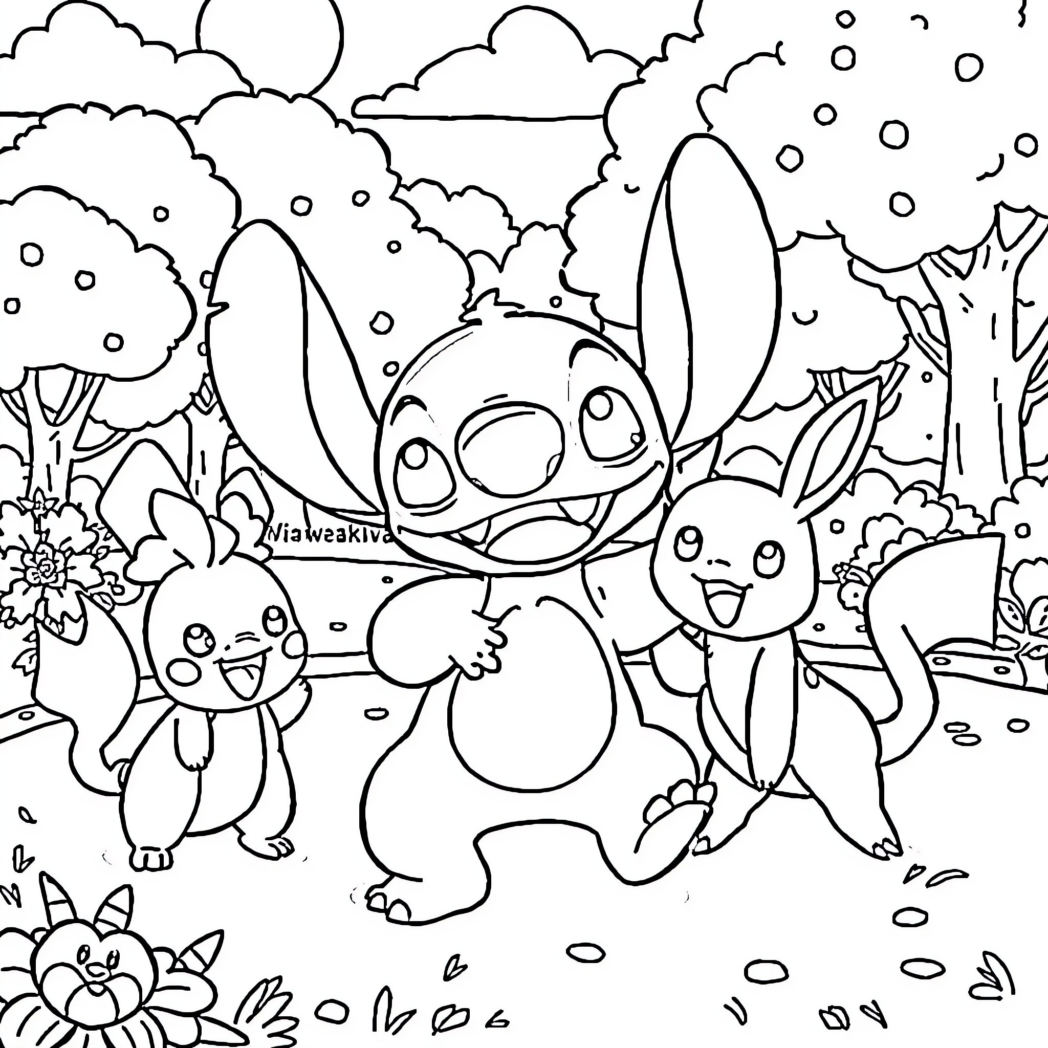 Stitch and friends frolicking in a snowy forest Coloring Page (free black-and-white line drawing printable PDF for all, from beginners to advanced learners, including children, teens, adults, and seniors)
