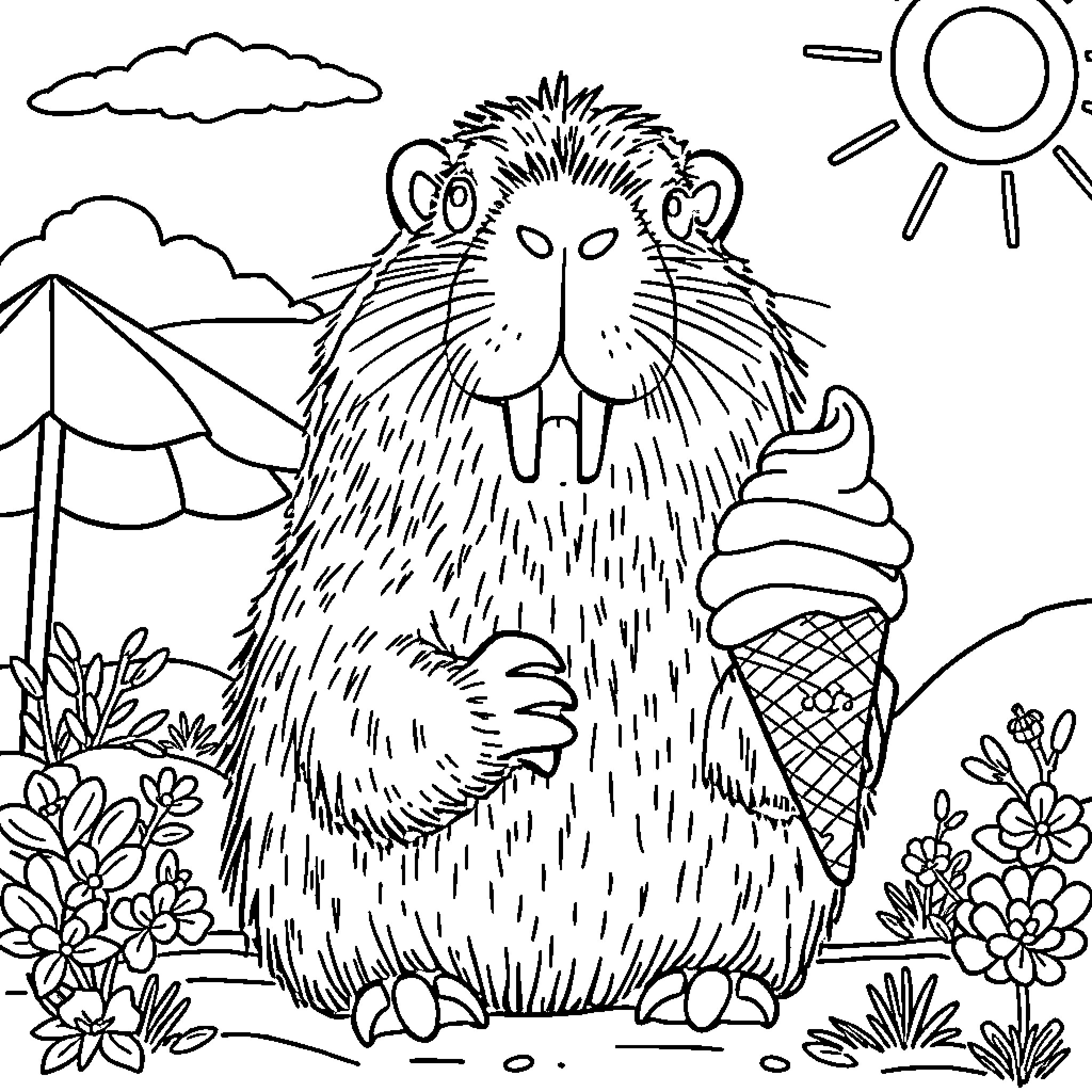 Capybara enjoying an ice cream cone in nature Coloring Page (free black-and-white line drawing printable PDF for all, from beginners to advanced learners, including children, teens, adults, and seniors)