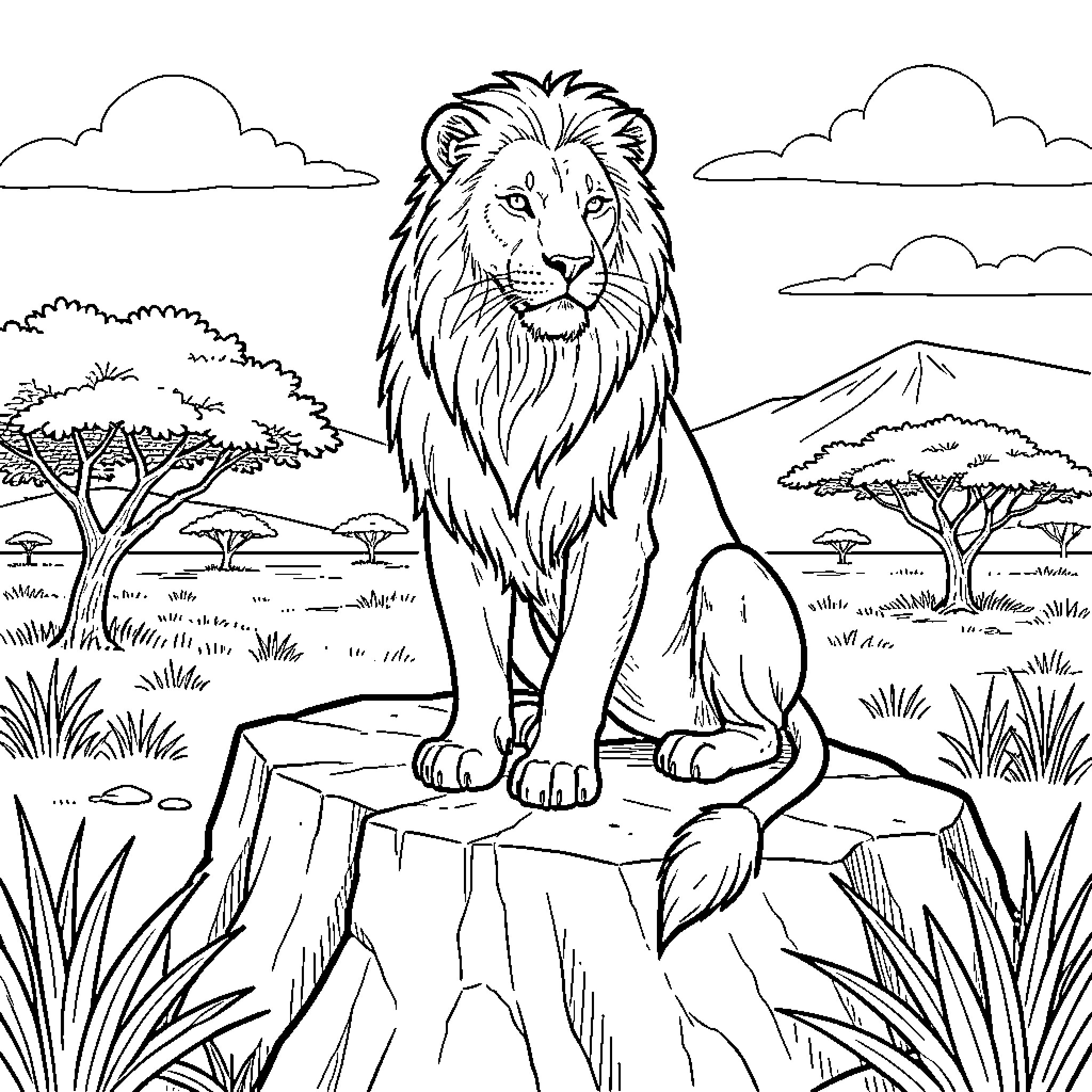 Lion sitting majestically on a large rock Coloring Page (free black-and-white line drawing printable PDF for all, from beginners to advanced learners, including children, teens, adults, and seniors)