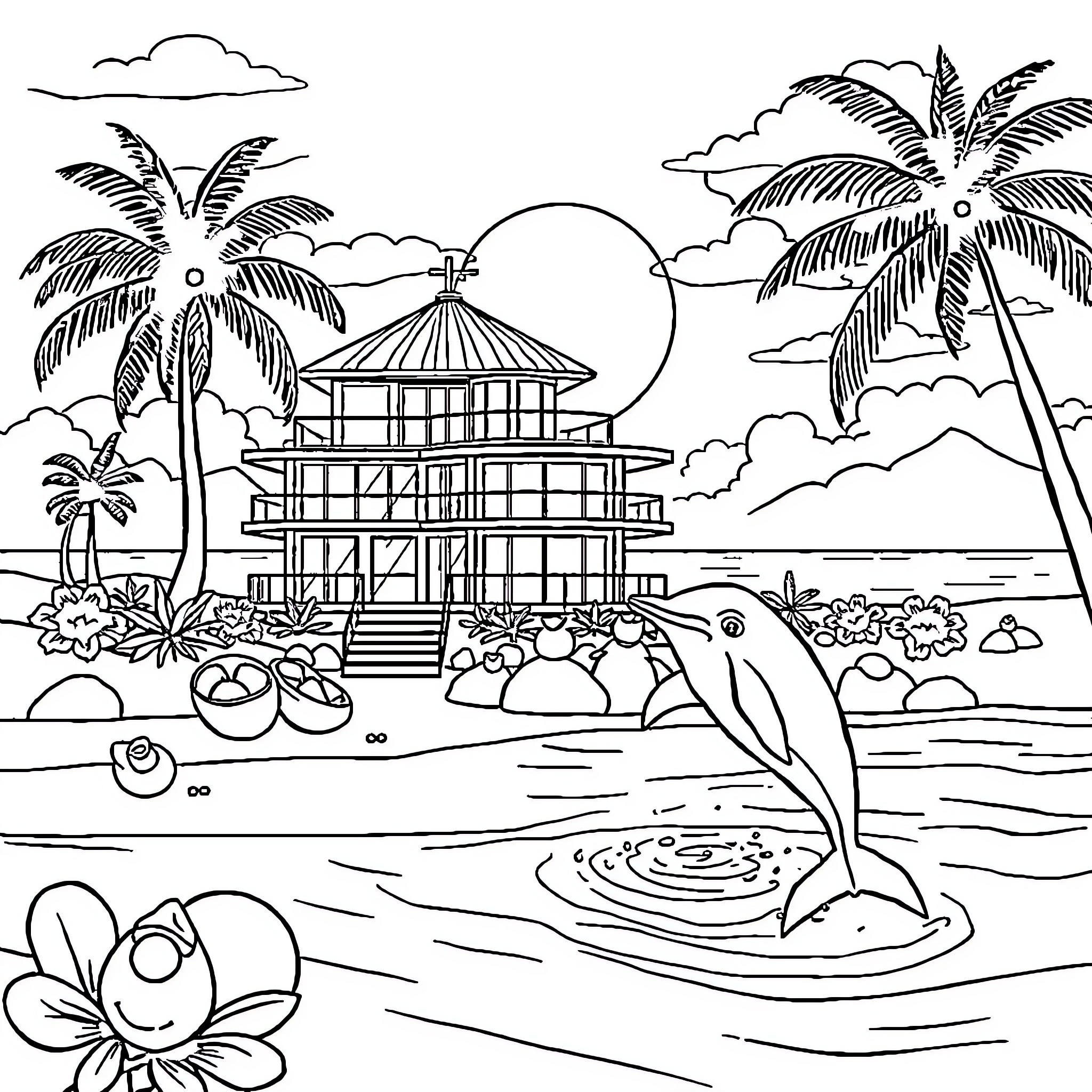 House near the beach with palm trees and dolphins Coloring Page (free black-and-white line drawing printable PDF for all, from beginners to advanced learners, including children, teens, adults, and seniors)