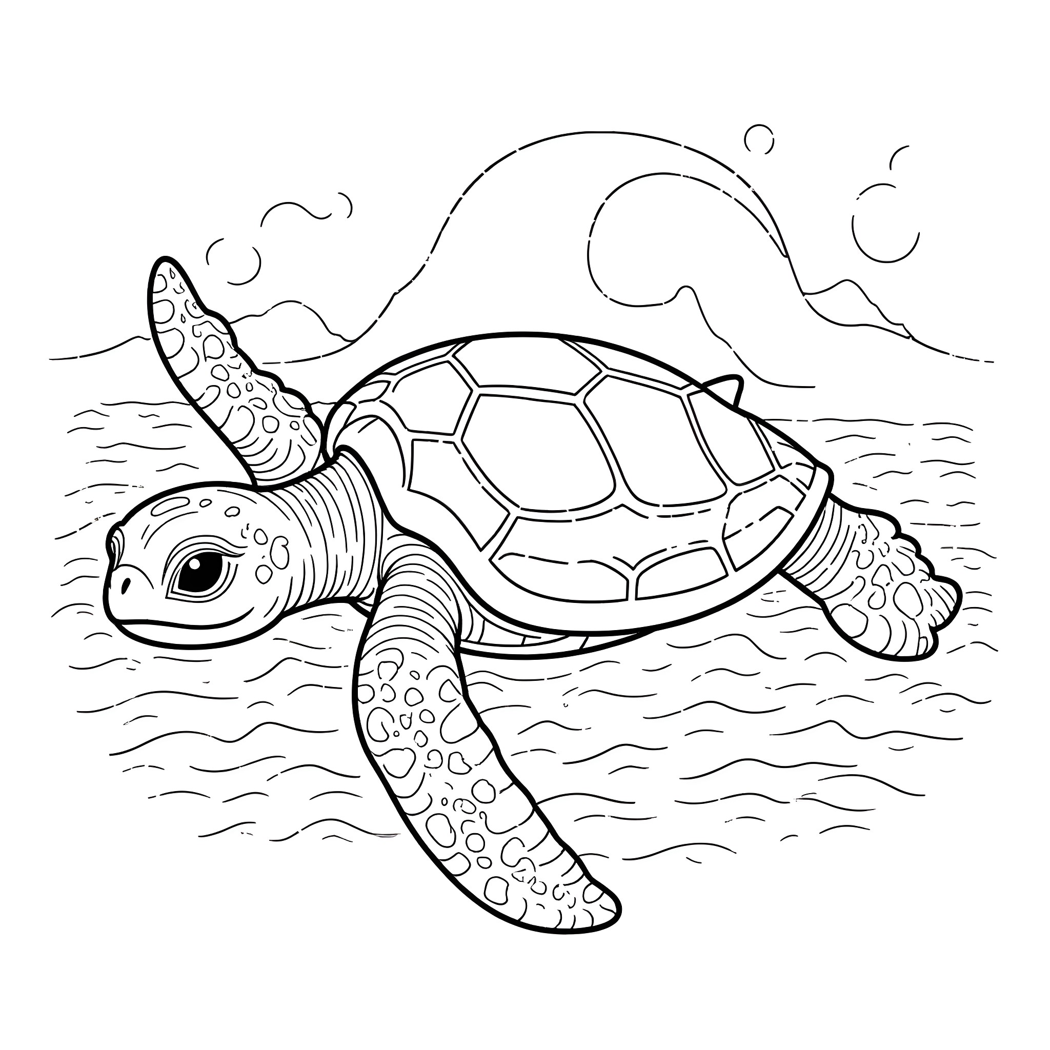 Turtle swimming in the ocean Coloring Page (free black-and-white line drawing printable PDF for all, from beginners to advanced learners, including children, teens, adults, and seniors)