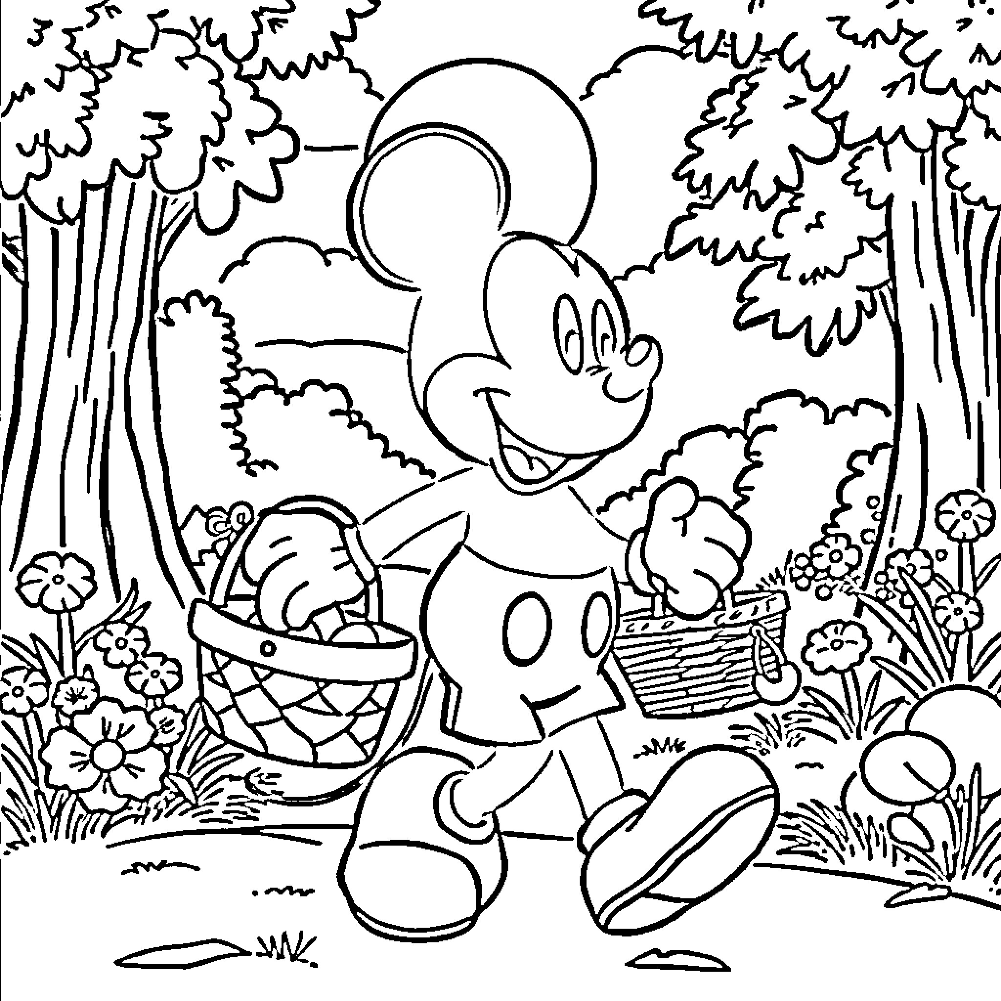 Mickey Mouse having a picnic in nature Coloring Page (free black-and-white line drawing printable PDF for all, from beginners to advanced learners, including children, teens, adults, and seniors)