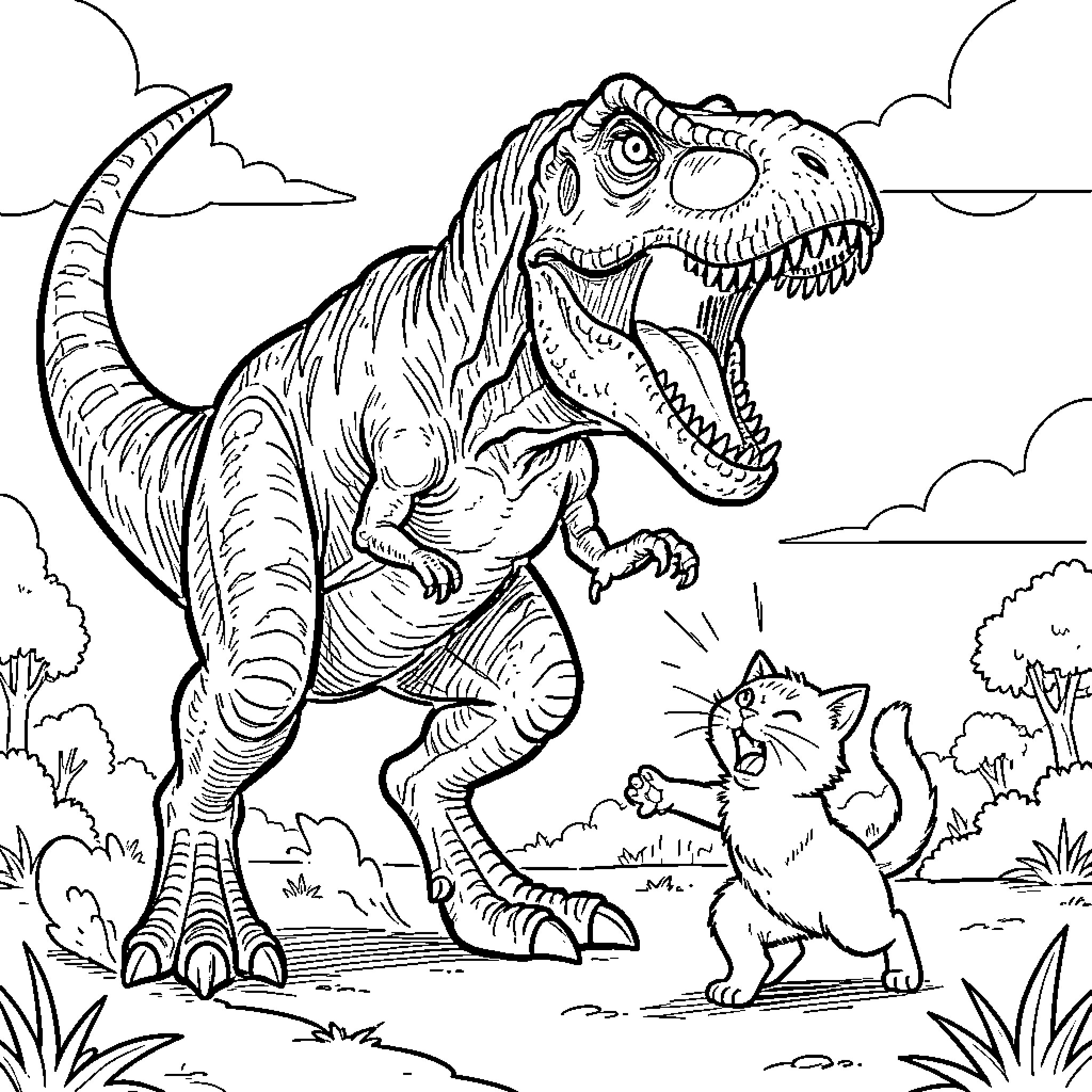 T-Rex roaring loudly at a surprised little cat Coloring Page (free black-and-white line drawing printable PDF for all, from beginners to advanced learners, including children, teens, adults, and seniors)