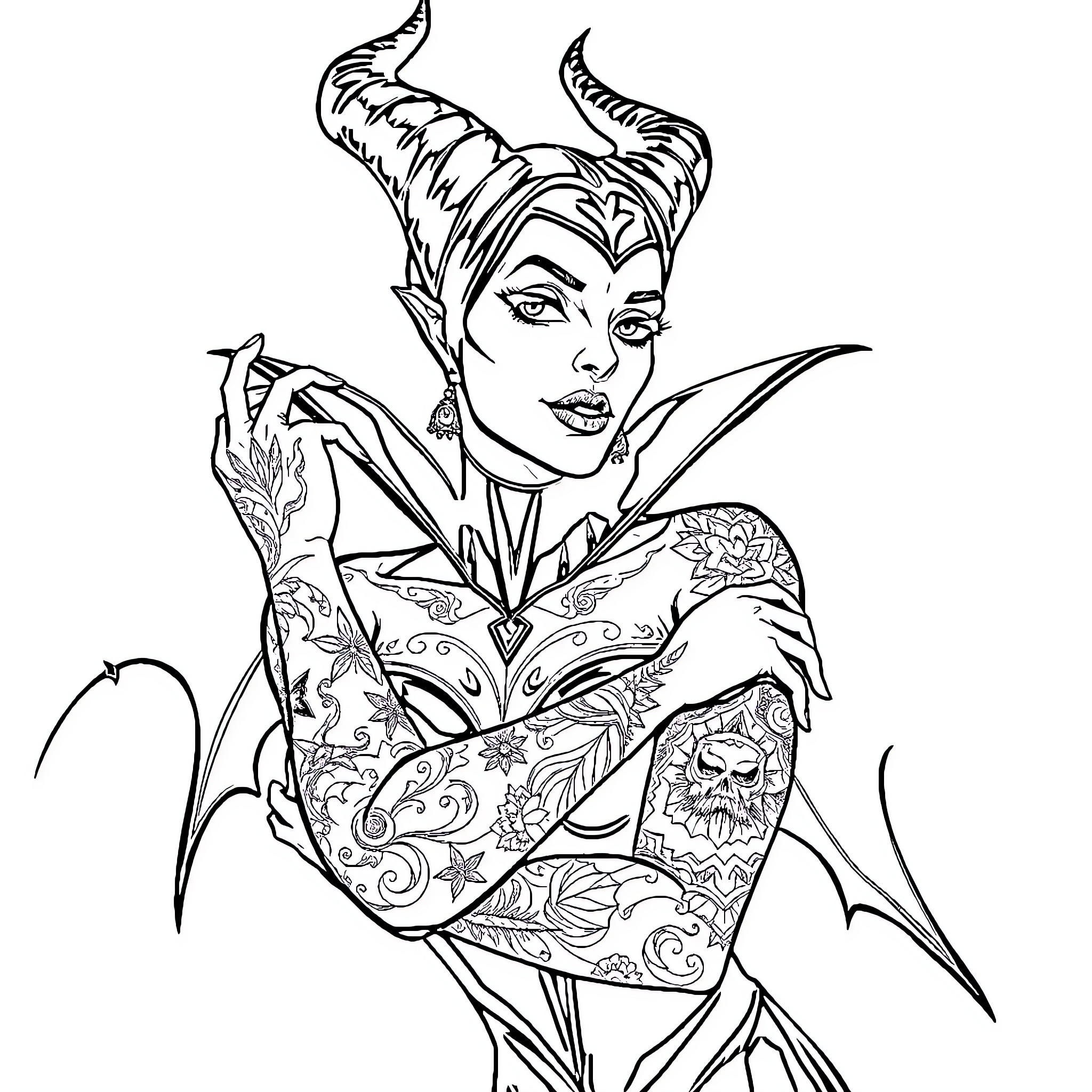 Maleficent's Enchanting Portrayal Coloring Page (free black-and-white line drawing printable PDF for all, from beginners to advanced learners, including children, teens, adults, and seniors)