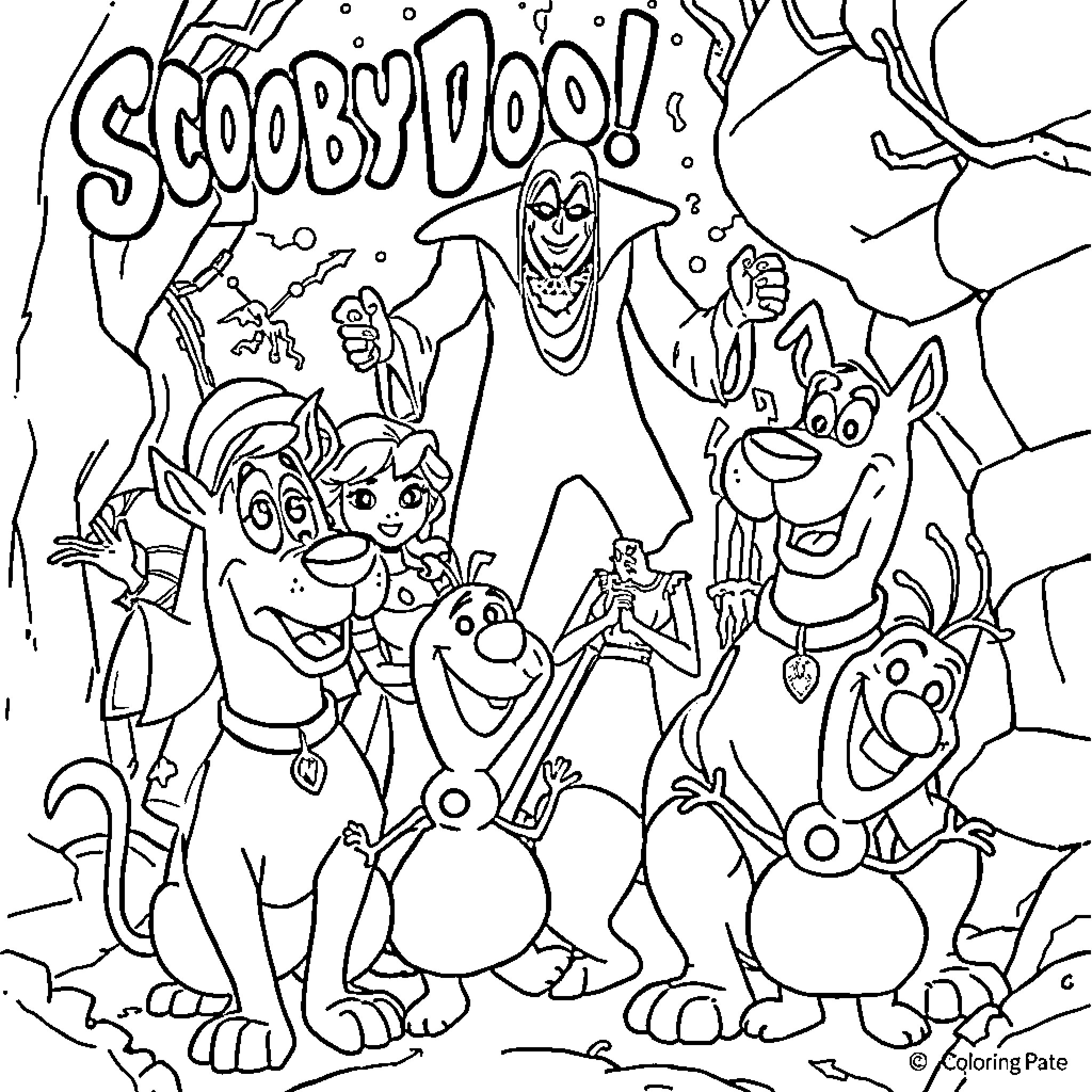 Scooby Doo and friends in an animated adventure Coloring Page (free black-and-white line drawing printable PDF for all, from beginners to advanced learners, including children, teens, adults, and seniors)