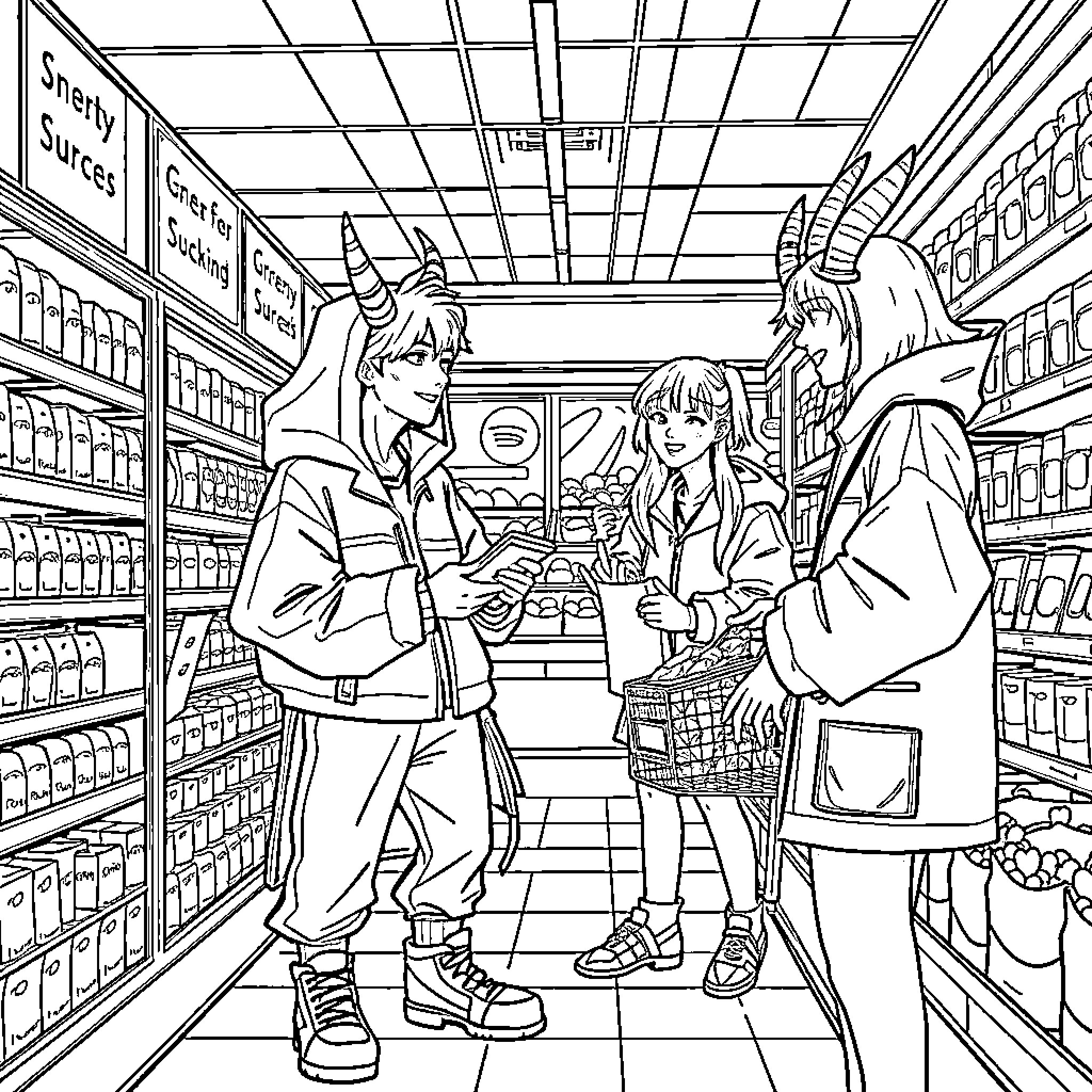 Demon Hunter Characters Shopping in Grocery Store Coloring Page (free black-and-white line drawing printable PDF for all, from beginners to advanced learners, including children, teens, adults, and seniors)