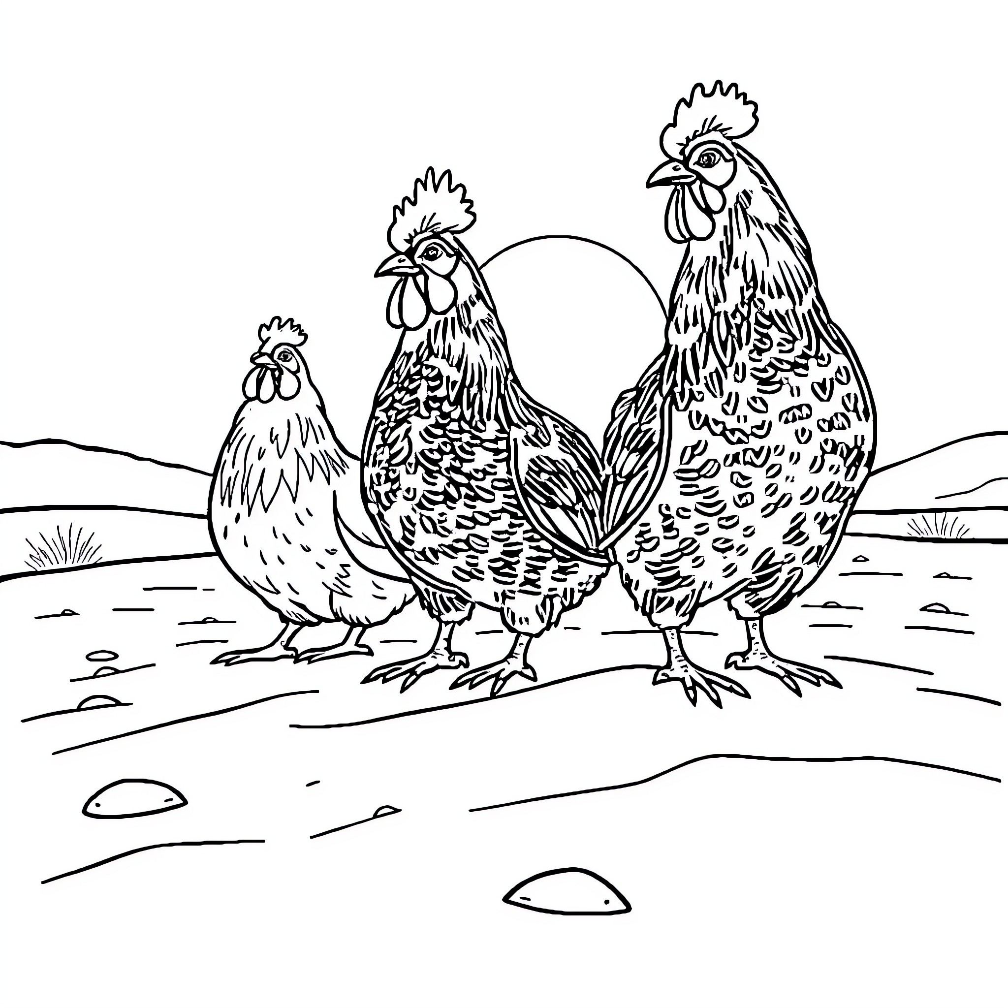 Chicken trio in farmyard setting Coloring Page (free black-and-white line drawing printable PDF for all, from beginners to advanced learners, including children, teens, adults, and seniors)