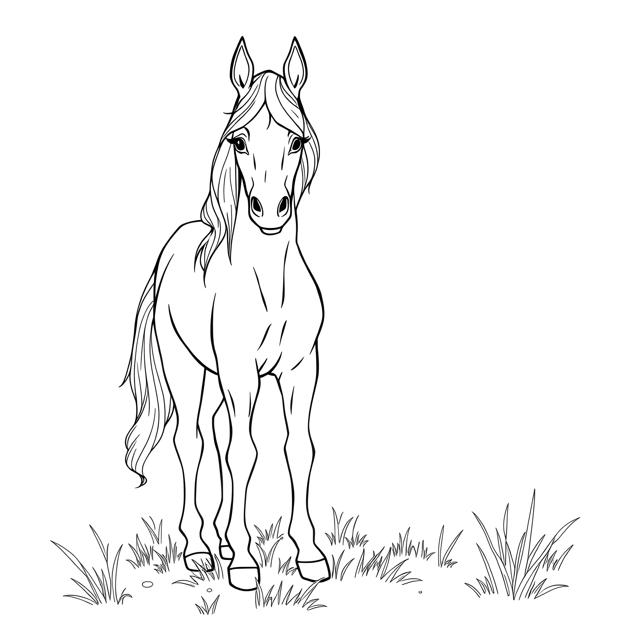Horsegirl standing in the field Coloring Page (free black-and-white line drawing printable PDF for all, from beginners to advanced learners, including children, teens, adults, and seniors)