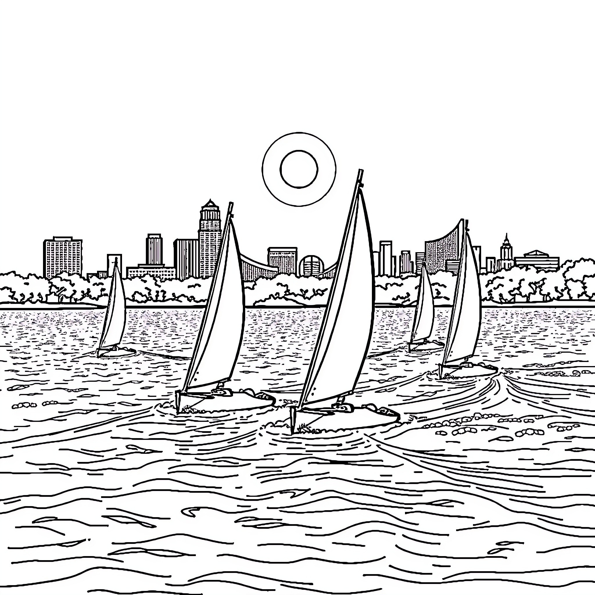 Sailboat racing along the city skyline Coloring Page (free black-and-white line drawing printable PDF for all, from beginners to advanced learners, including children, teens, adults, and seniors)