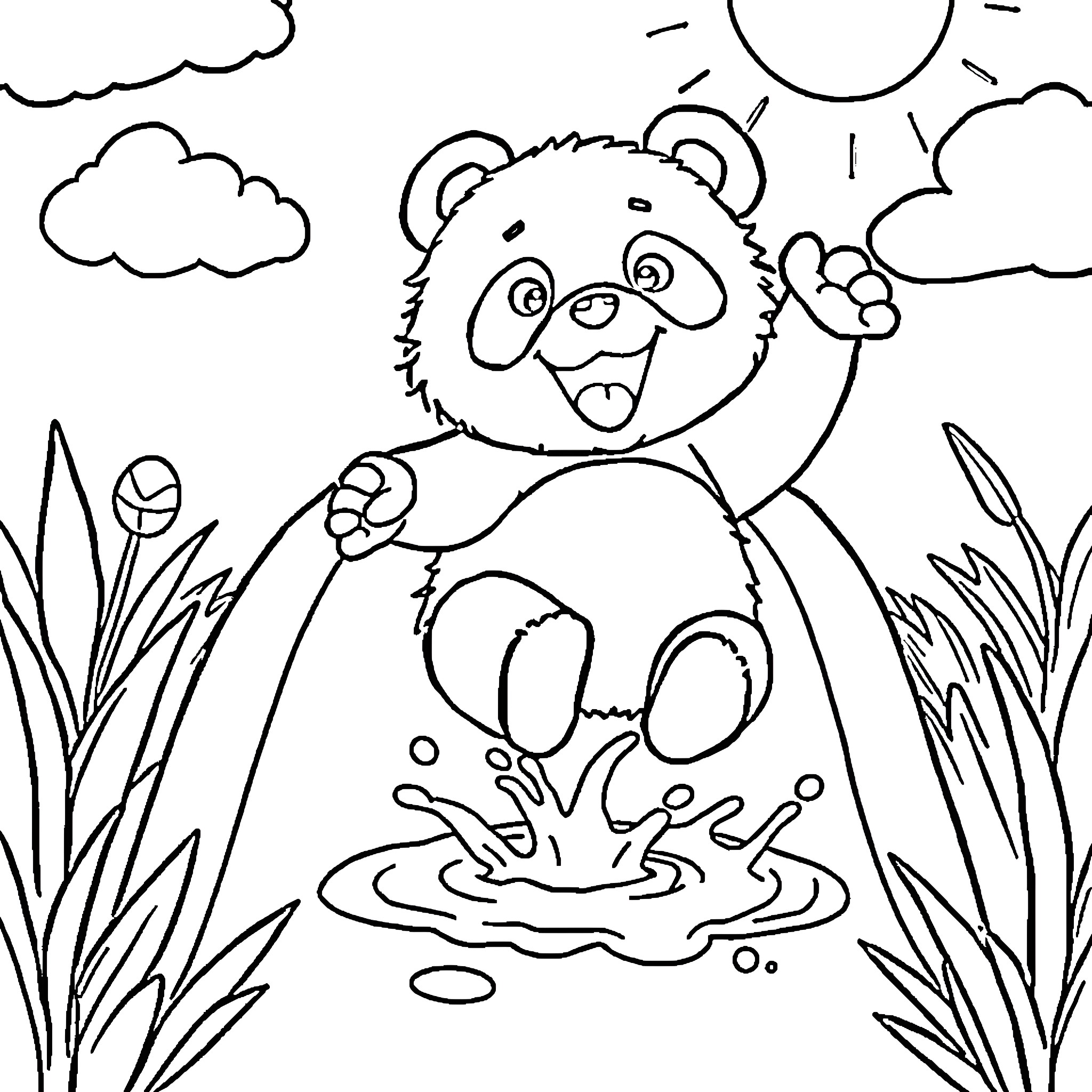 Panda playing happily in nature Coloring Page (free black-and-white line drawing printable PDF for all, from beginners to advanced learners, including children, teens, adults, and seniors)