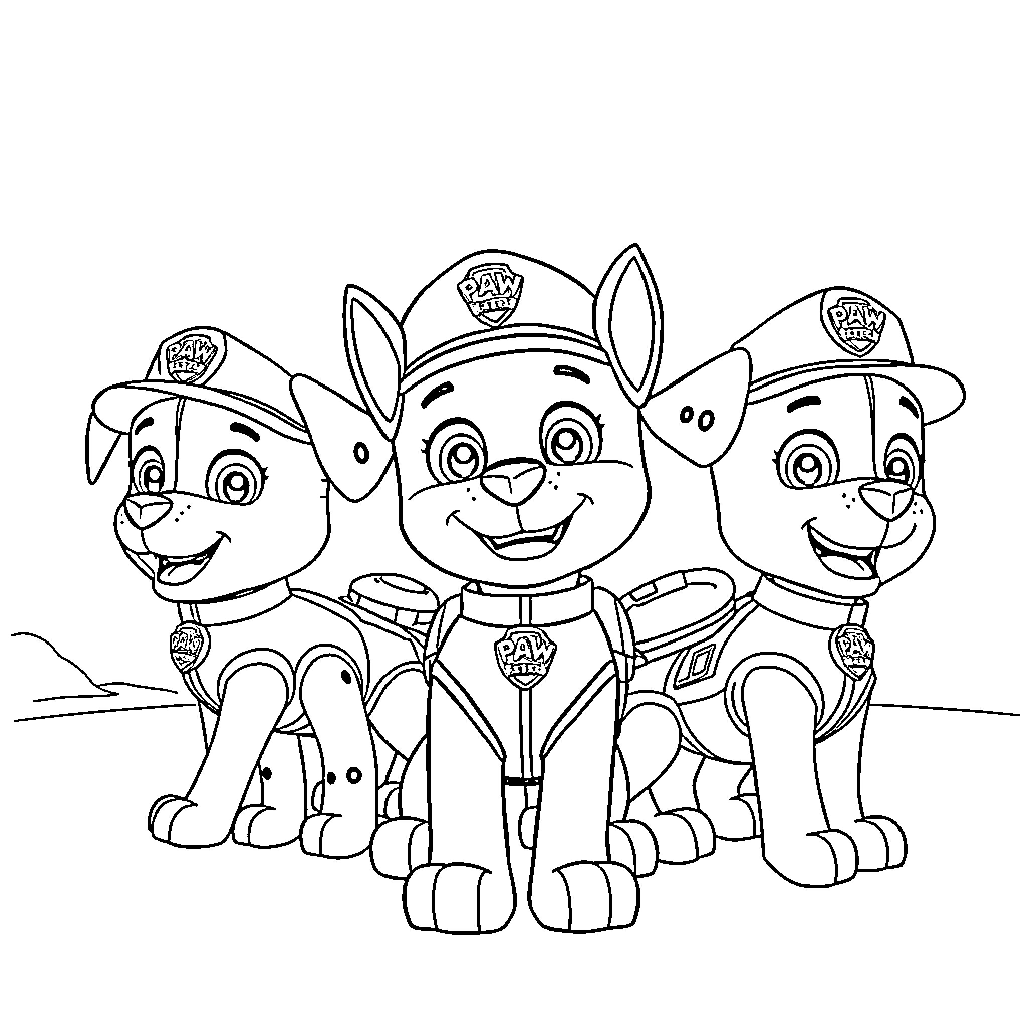 Paw Patrol pups on patrol Coloring Page (free black-and-white line drawing printable PDF for all, from beginners to advanced learners, including children, teens, adults, and seniors)