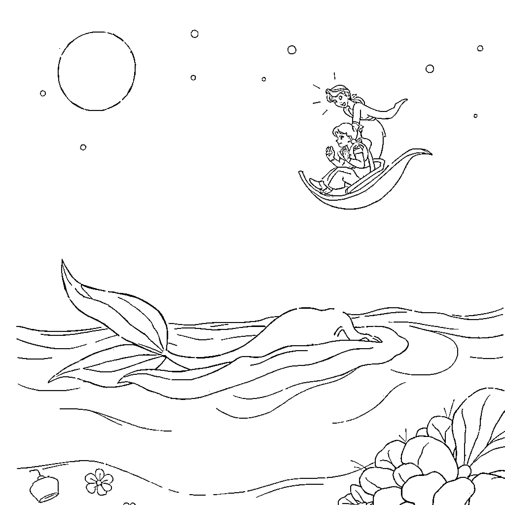 Sirenita exploring the enchanting underwater world Coloring Page (free black-and-white line drawing printable PDF for all, from beginners to advanced learners, including children, teens, adults, and seniors)