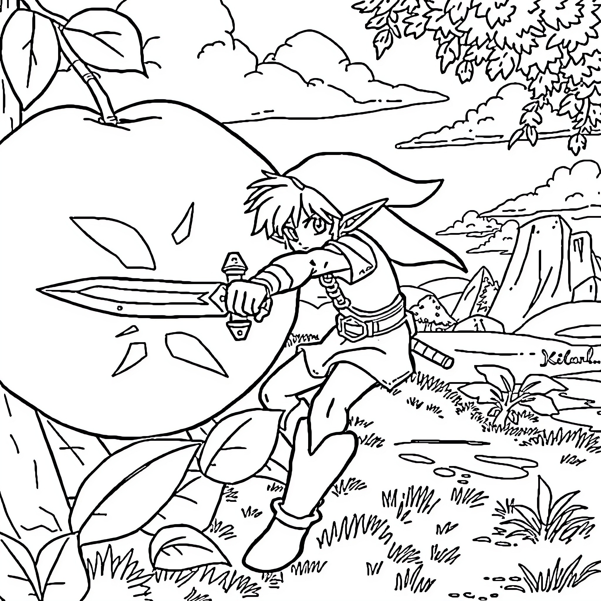 Link exploring the wilderness with sword in hand Coloring Page (free black-and-white line drawing printable PDF for all, from beginners to advanced learners, including children, teens, adults, and seniors)