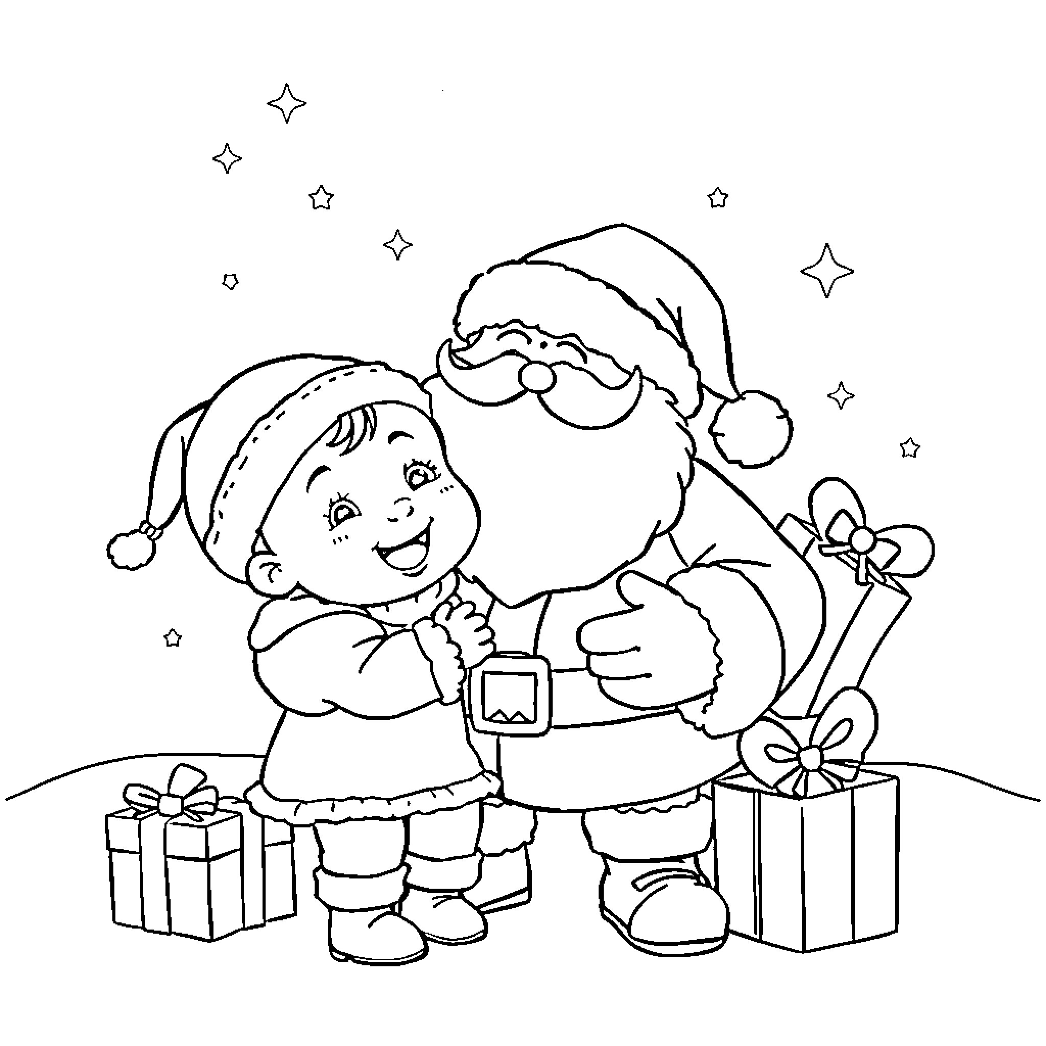 Bebe Santa and elf exchanging gifts in snowy scene Coloring Page (free black-and-white line drawing printable PDF for all, from beginners to advanced learners, including children, teens, adults, and seniors)