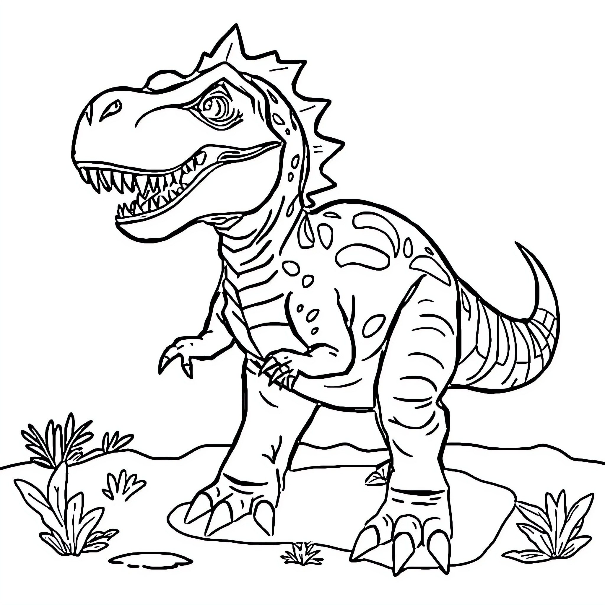 Dinosaur in a natural habitat Coloring Page (free black-and-white line drawing printable PDF for all, from beginners to advanced learners, including children, teens, adults, and seniors)
