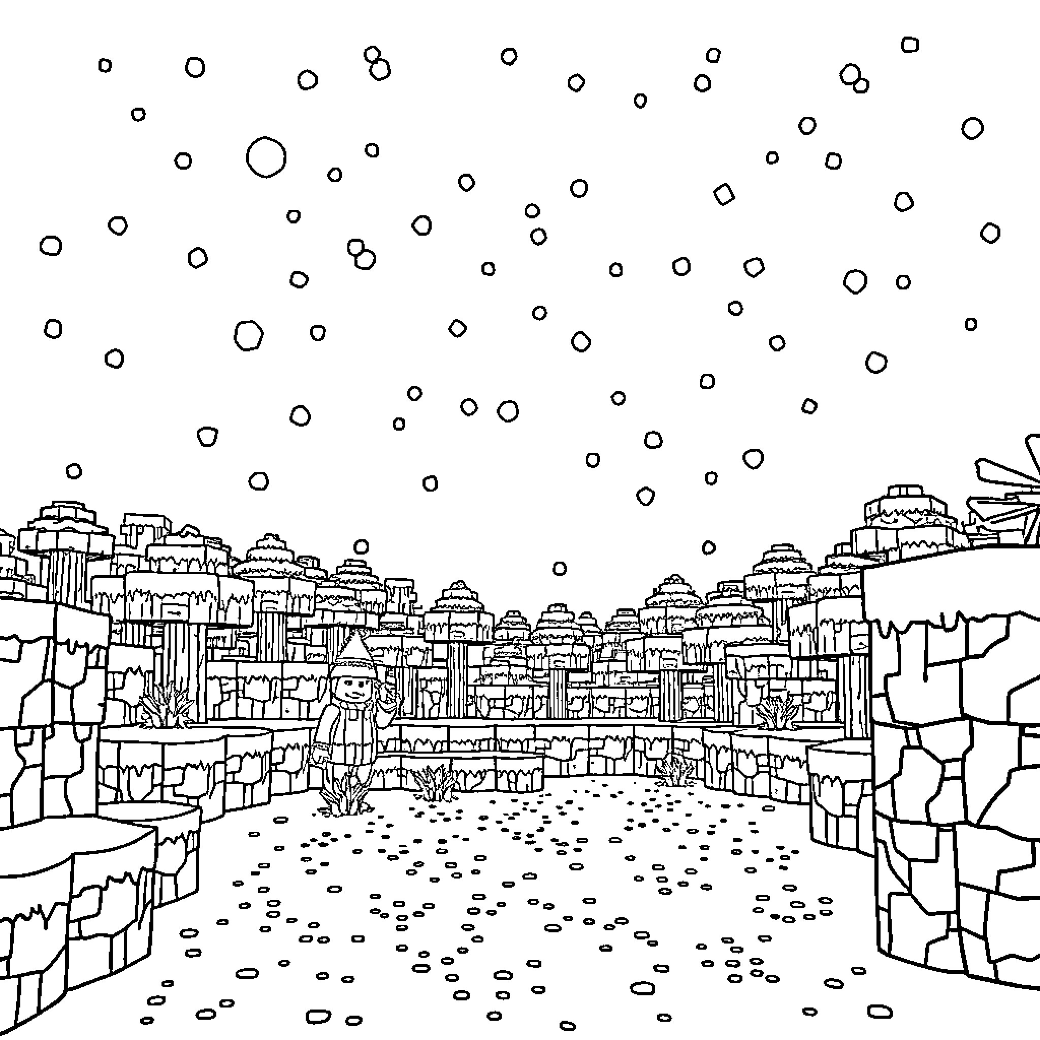 Snow falling over a whimsical cityscape Coloring Page (free black-and-white line drawing printable PDF for all, from beginners to advanced learners, including children, teens, adults, and seniors)