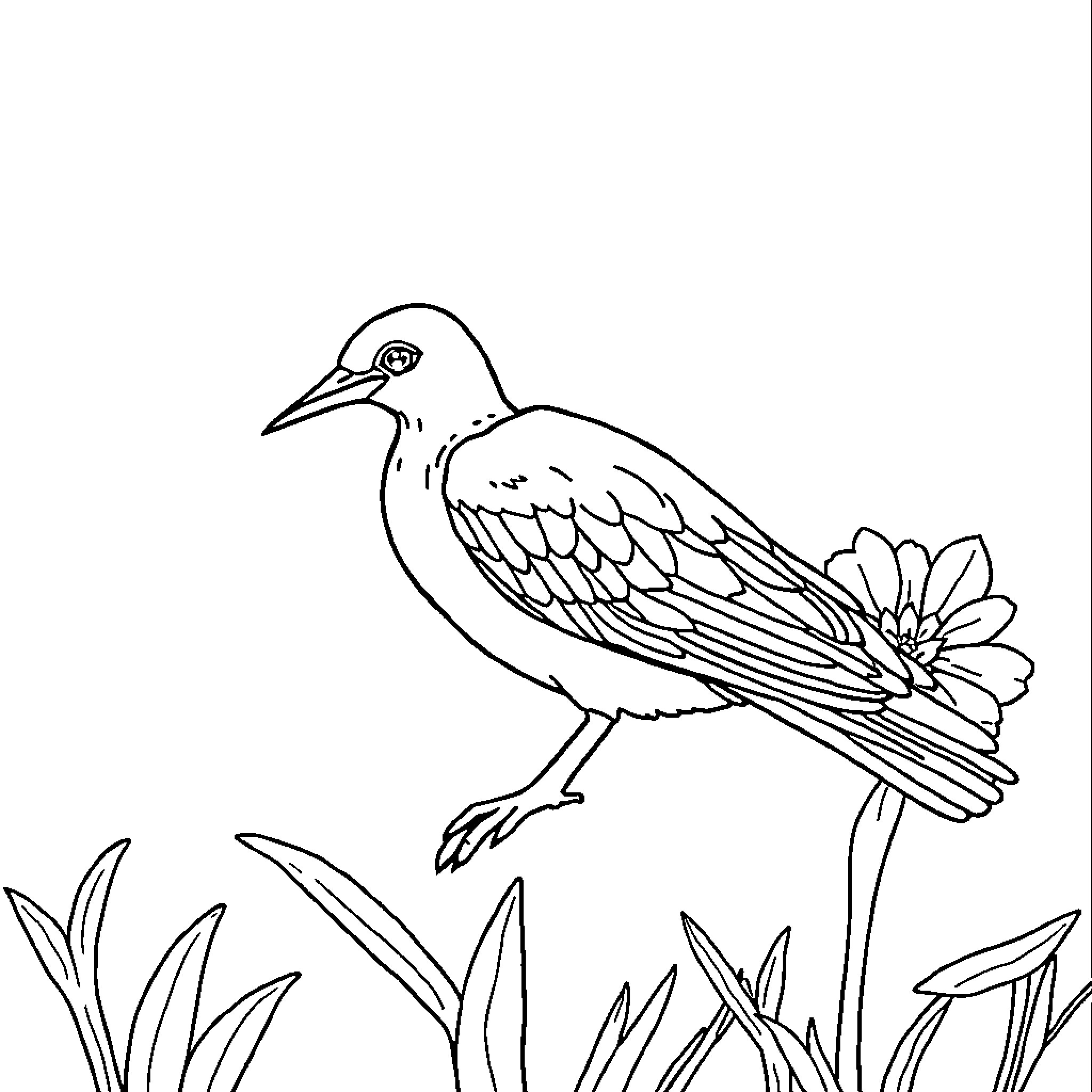 Easy Outline Illustration of Bird and Flower Coloring Page (free black-and-white line drawing printable PDF for all, from beginners to advanced learners, including children, teens, adults, and seniors)