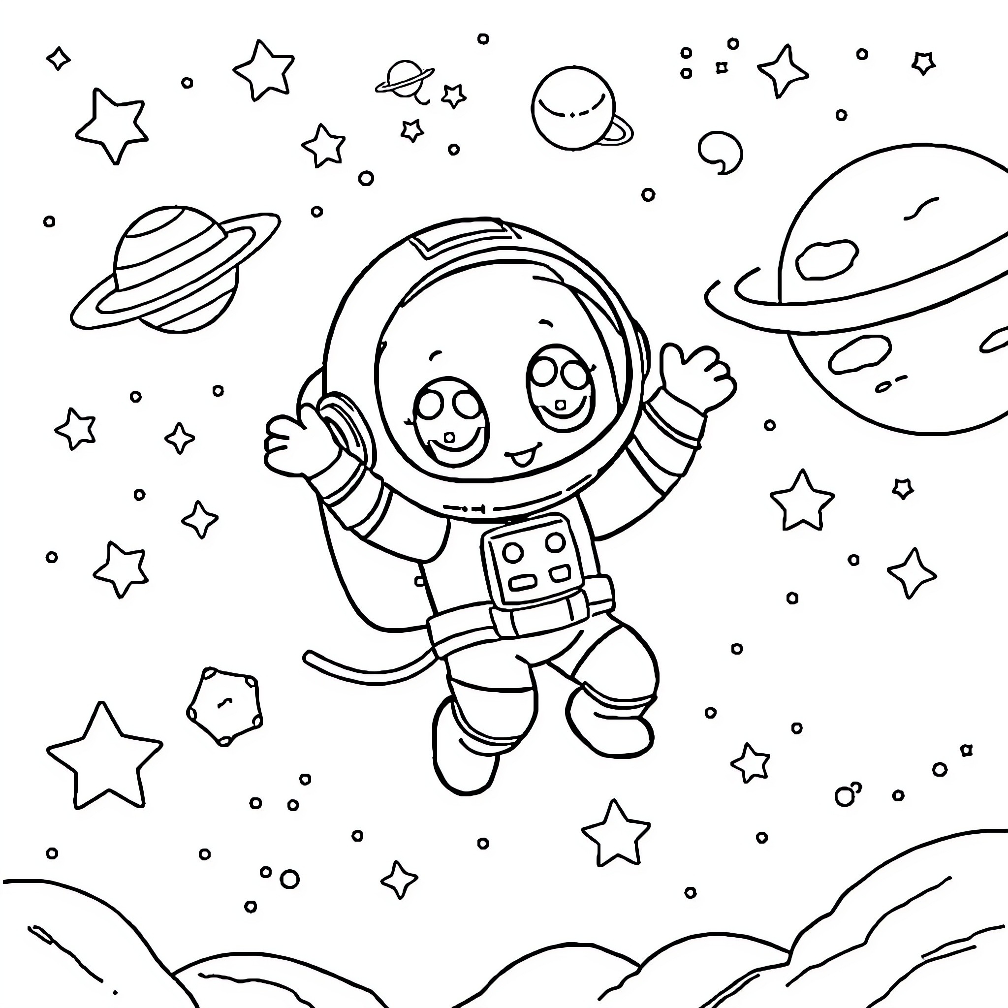 Astronaut exploring the wonders of space Coloring Page (free black-and-white line drawing printable PDF for all, from beginners to advanced learners, including children, teens, adults, and seniors)