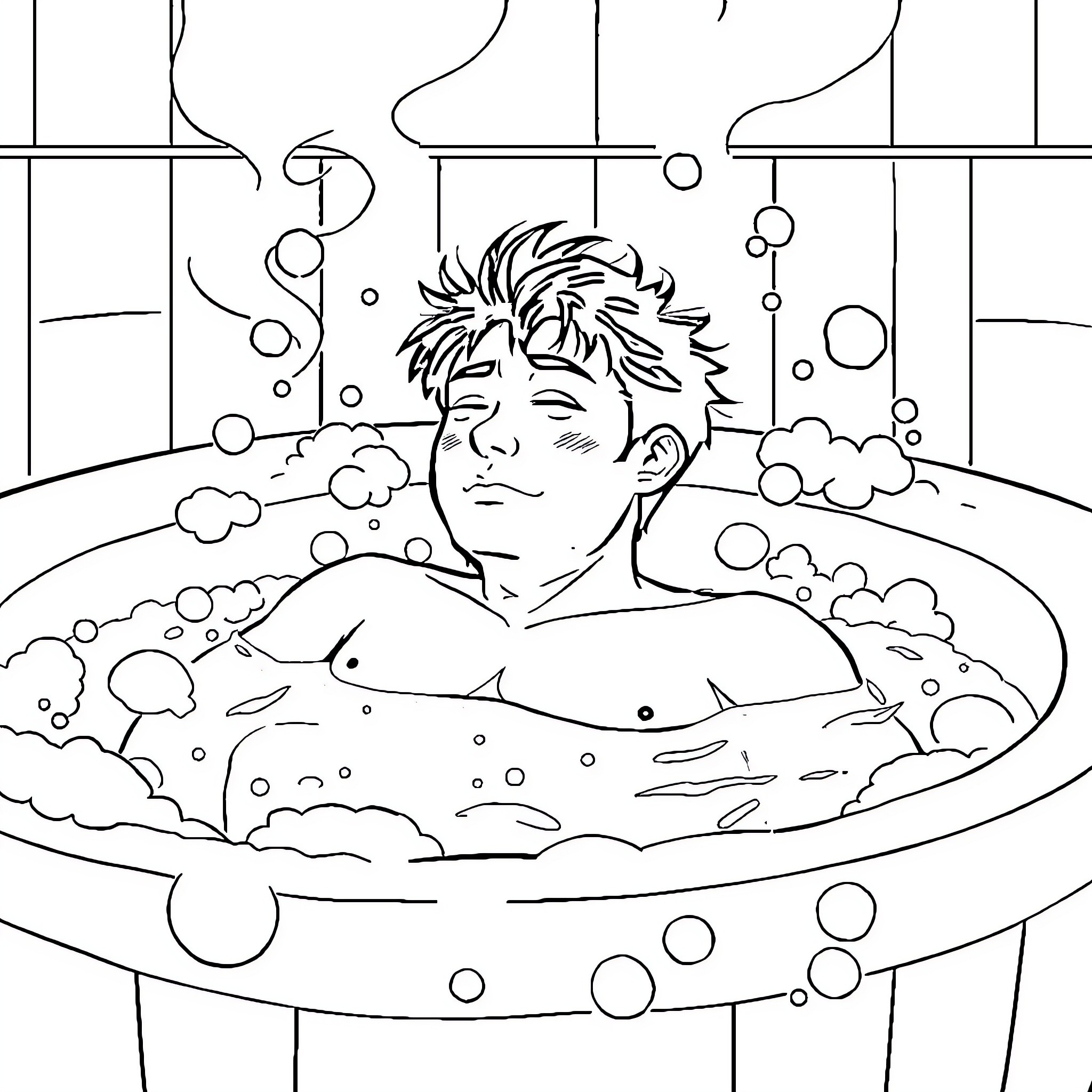 Satoru Gojo relaxing in a luxurious bathtub Coloring Page (free black-and-white line drawing printable PDF for all, from beginners to advanced learners, including children, teens, adults, and seniors)