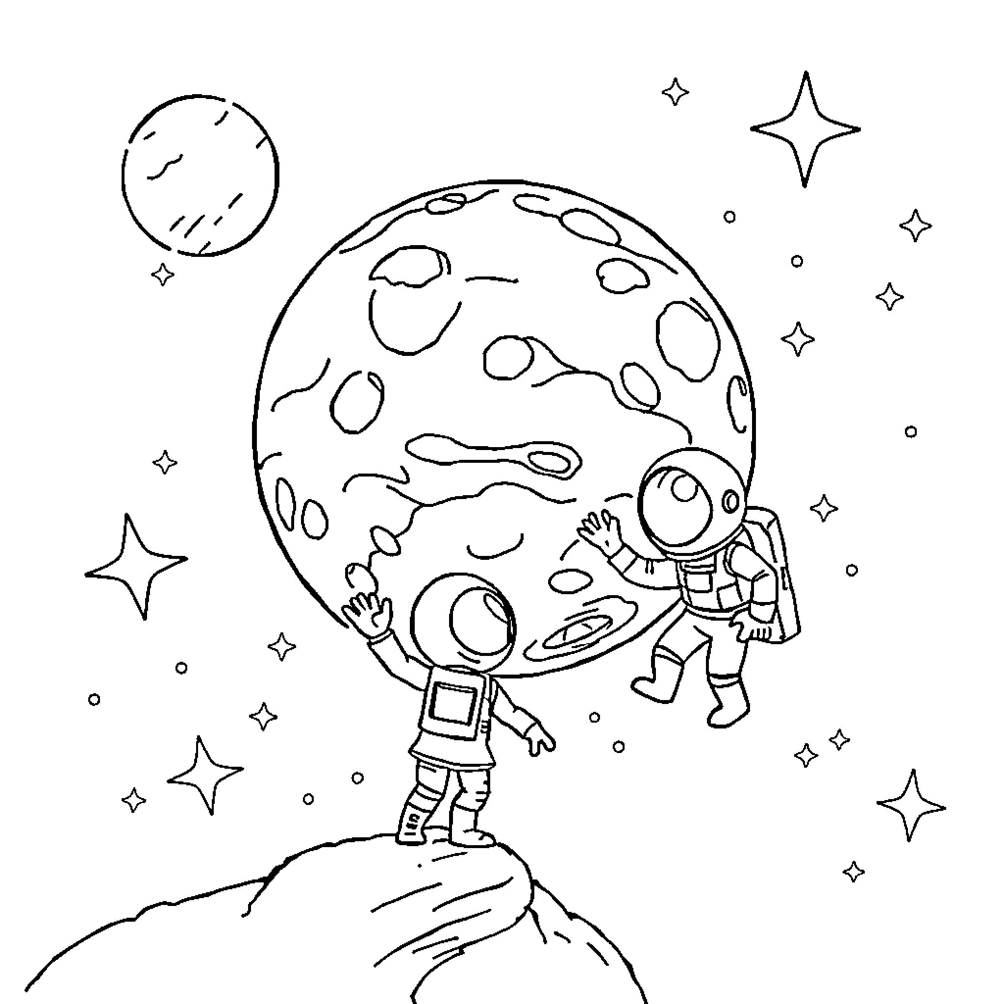 Space explorers discover a peculiar planet Coloring Page (free black-and-white line drawing printable PDF for all, from beginners to advanced learners, including children, teens, adults, and seniors)