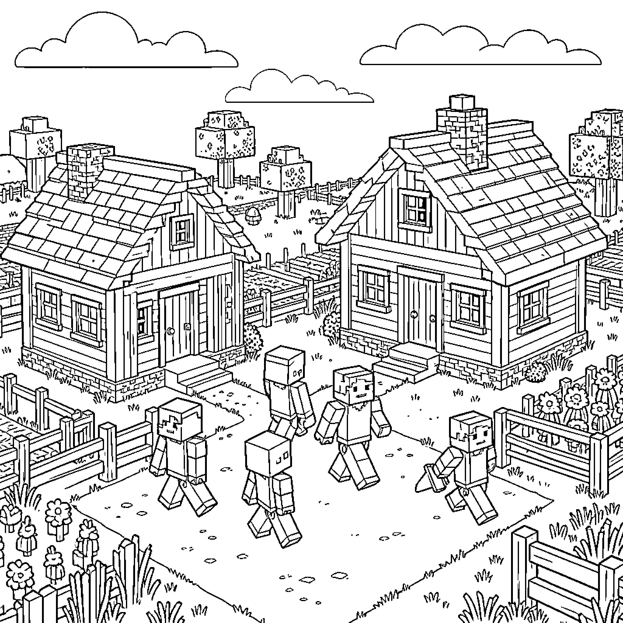Minecraft Character exploring a small village settlement Coloring Page (free black-and-white line drawing printable PDF for all, from beginners to advanced learners, including children, teens, adults, and seniors)