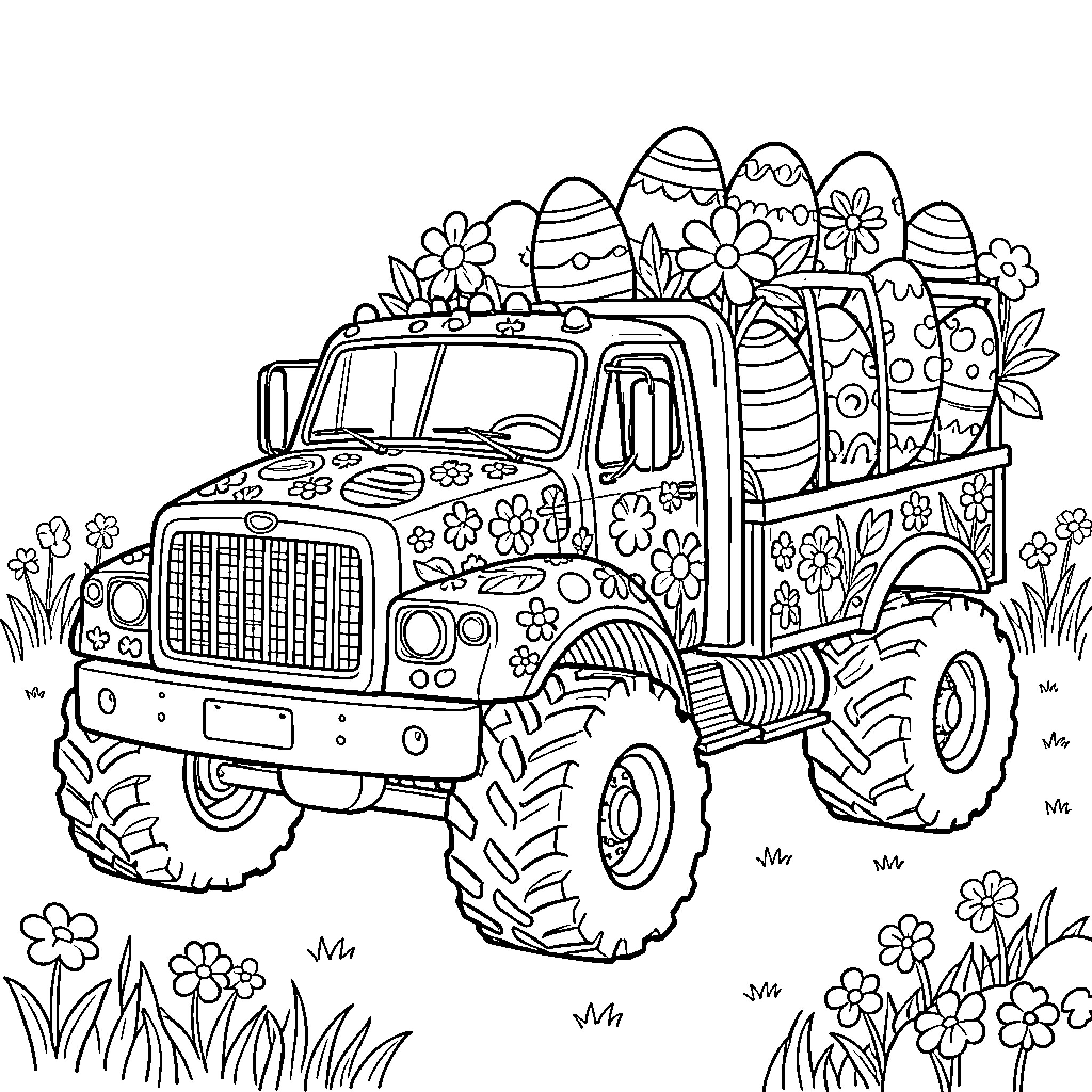 Monster Truck Carrying Easter Eggs and Flowers Coloring Page (free black-and-white line drawing printable PDF for all, from beginners to advanced learners, including children, teens, adults, and seniors)