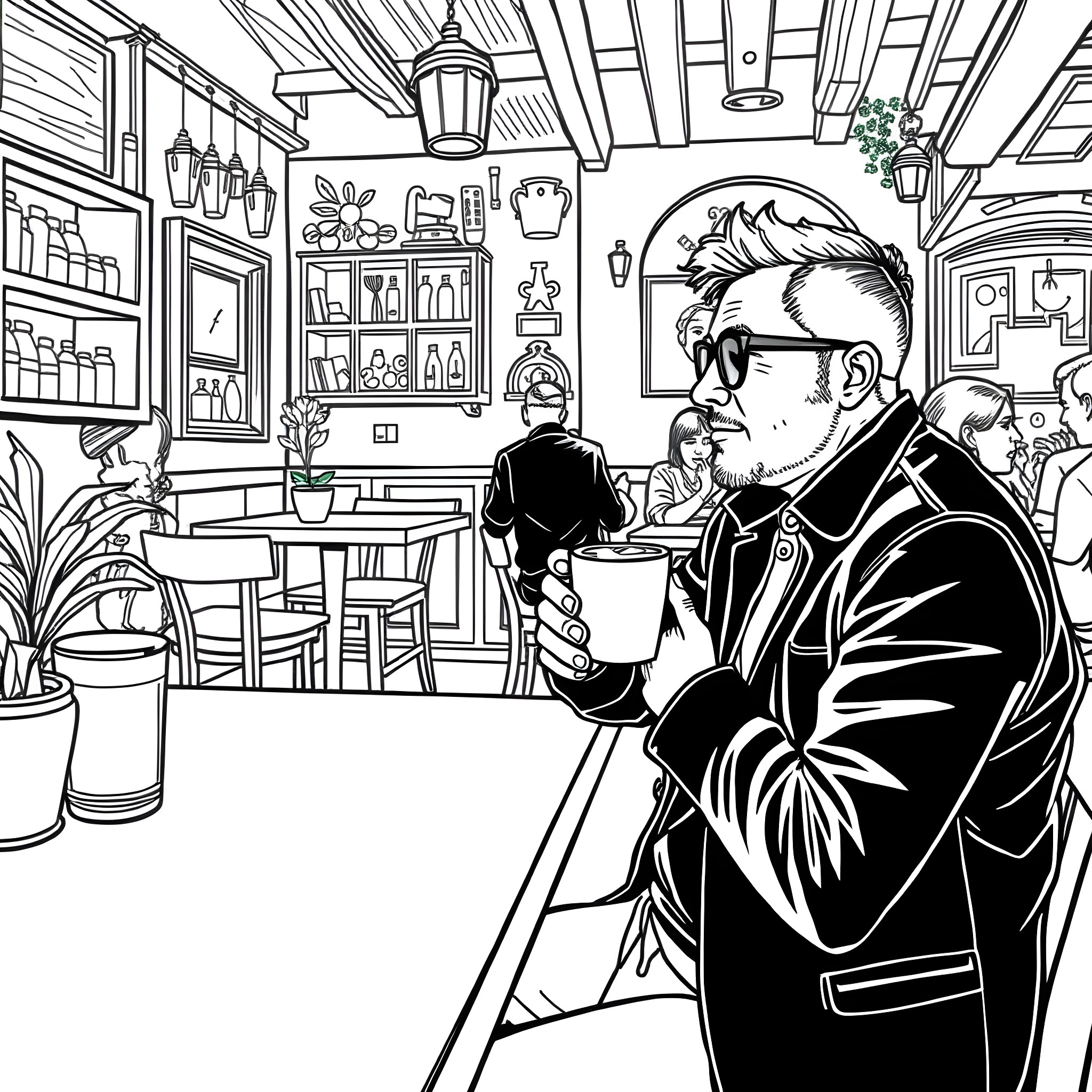 Juan Pablo Galavis enjoying a cafe with friends Coloring Page (free black-and-white line drawing printable PDF for all, from beginners to advanced learners, including children, teens, adults, and seniors)