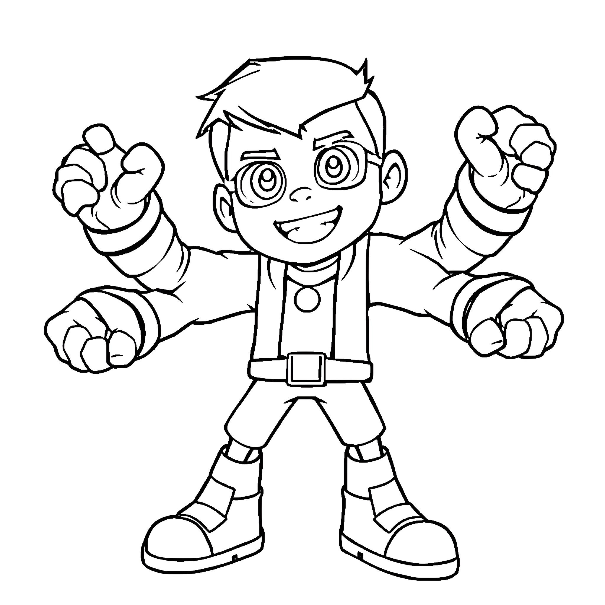 Ben10 character in fighting pose Coloring Page (free black-and-white line drawing printable PDF for all, from beginners to advanced learners, including children, teens, adults, and seniors)
