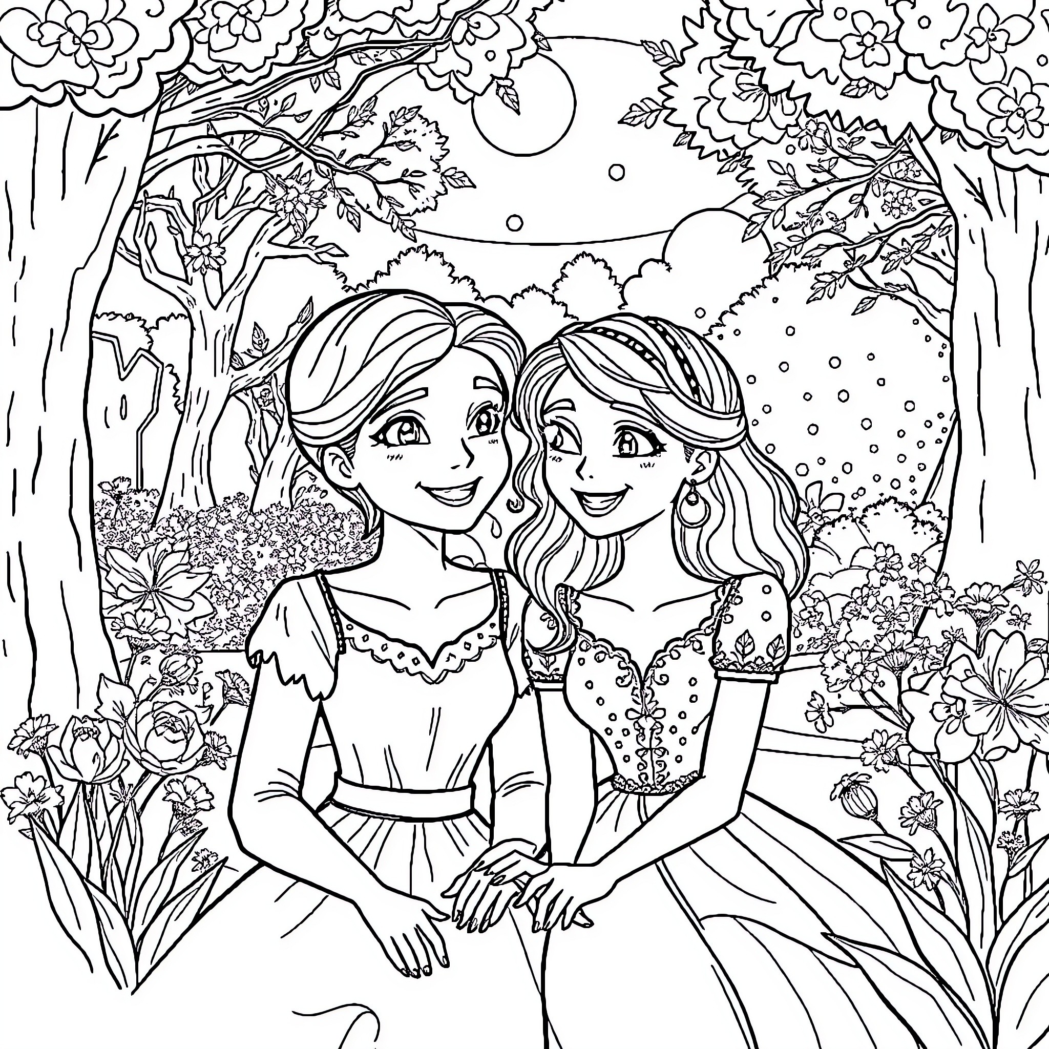 Emily and Victor Enjoying a Floral Garden Adventure Coloring Page (free black-and-white line drawing printable PDF for all, from beginners to advanced learners, including children, teens, adults, and seniors)