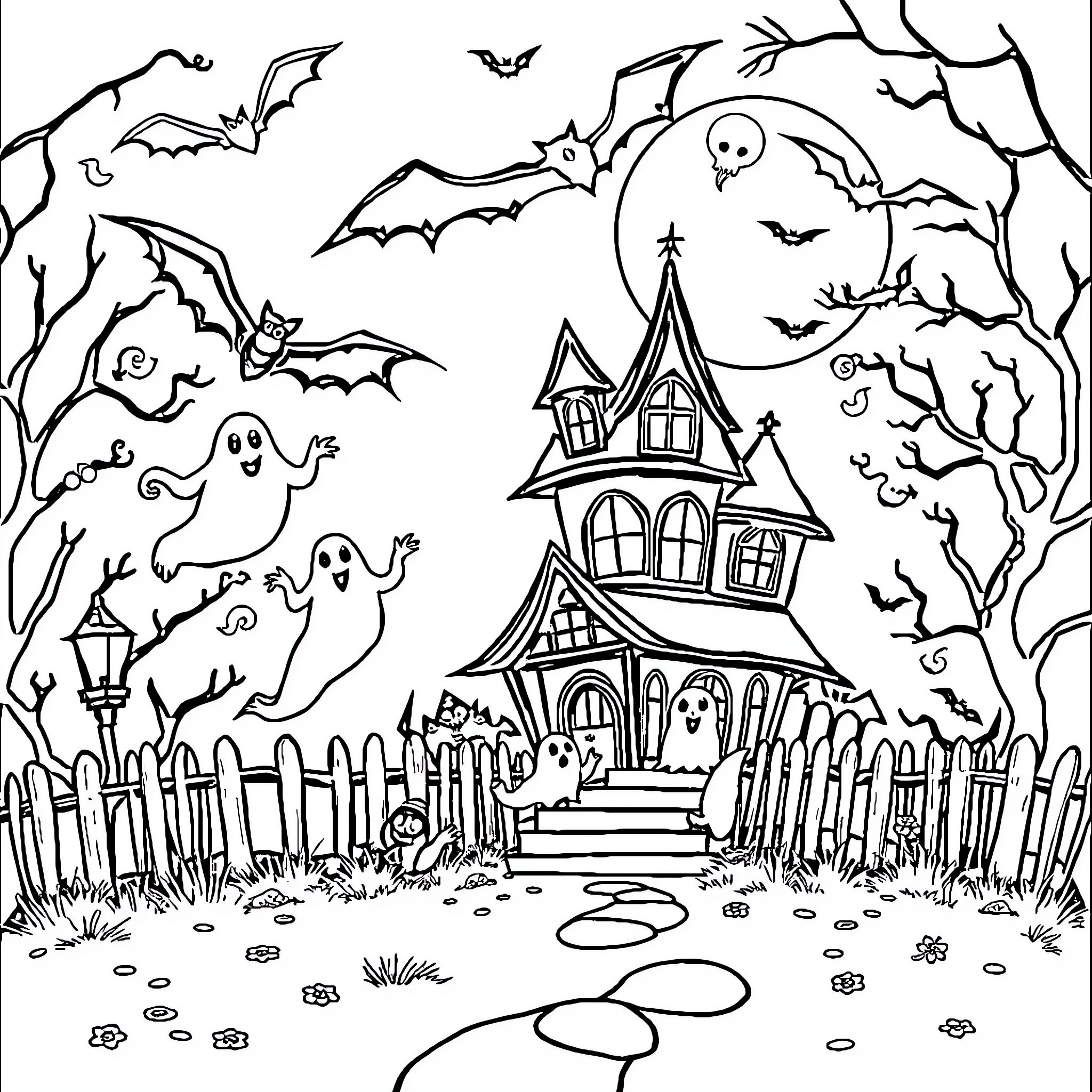 Spooky haunted house with ghosts and bats Coloring Page (free black-and-white line drawing printable PDF for all, from beginners to advanced learners, including children, teens, adults, and seniors)